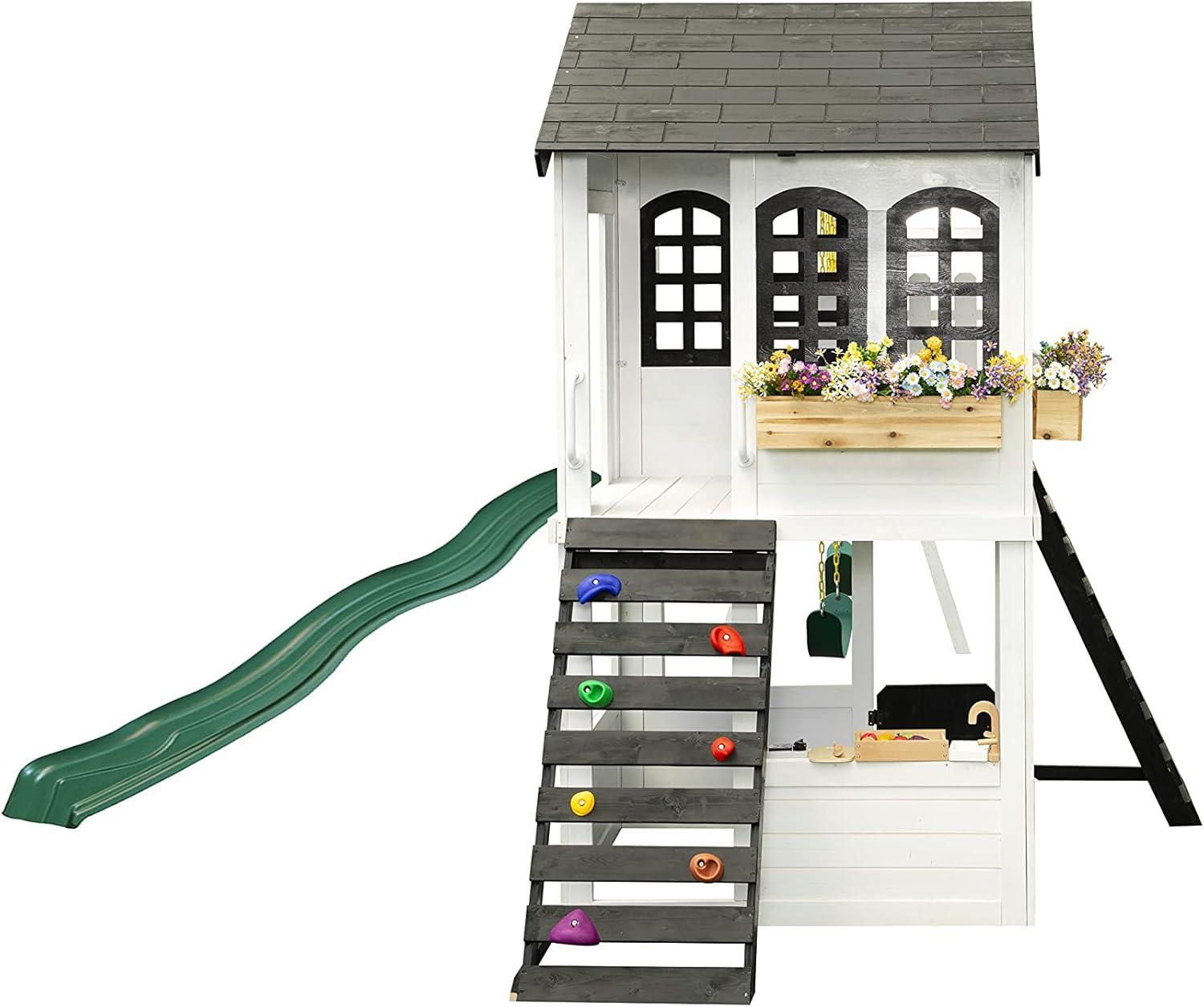 2MamaBees Reign Two Story Playhouse | Black & White Farmhouse Design with Kitchen and Garden