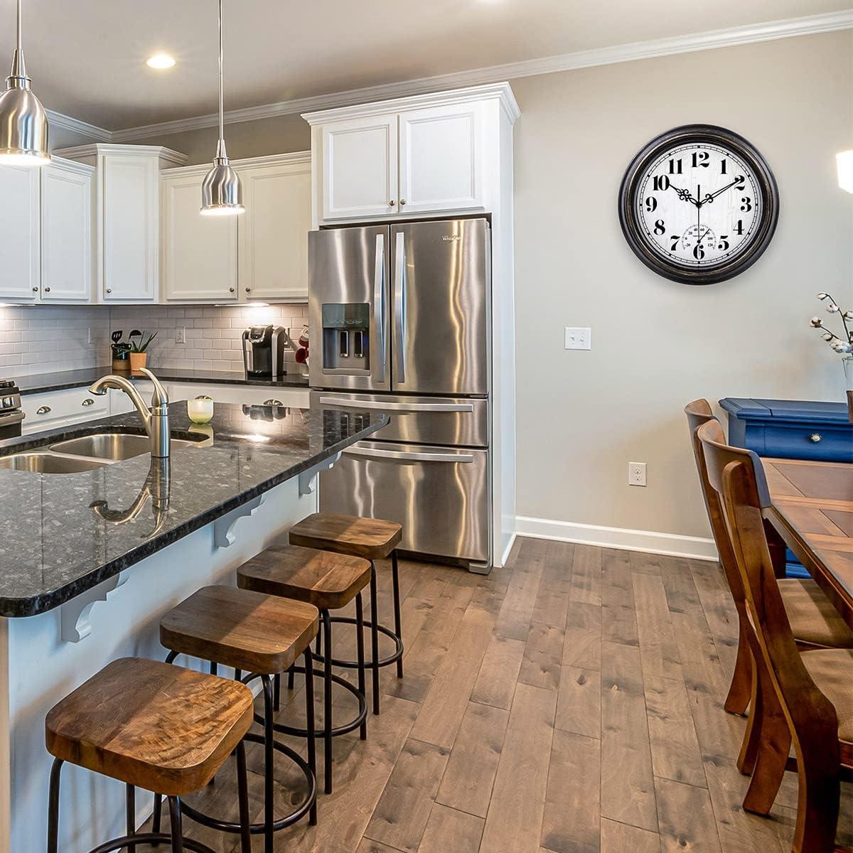 12 Inch Retro Silent Wall Clock,Indoor and Outdoor,Waterproof,Thermometer,Black