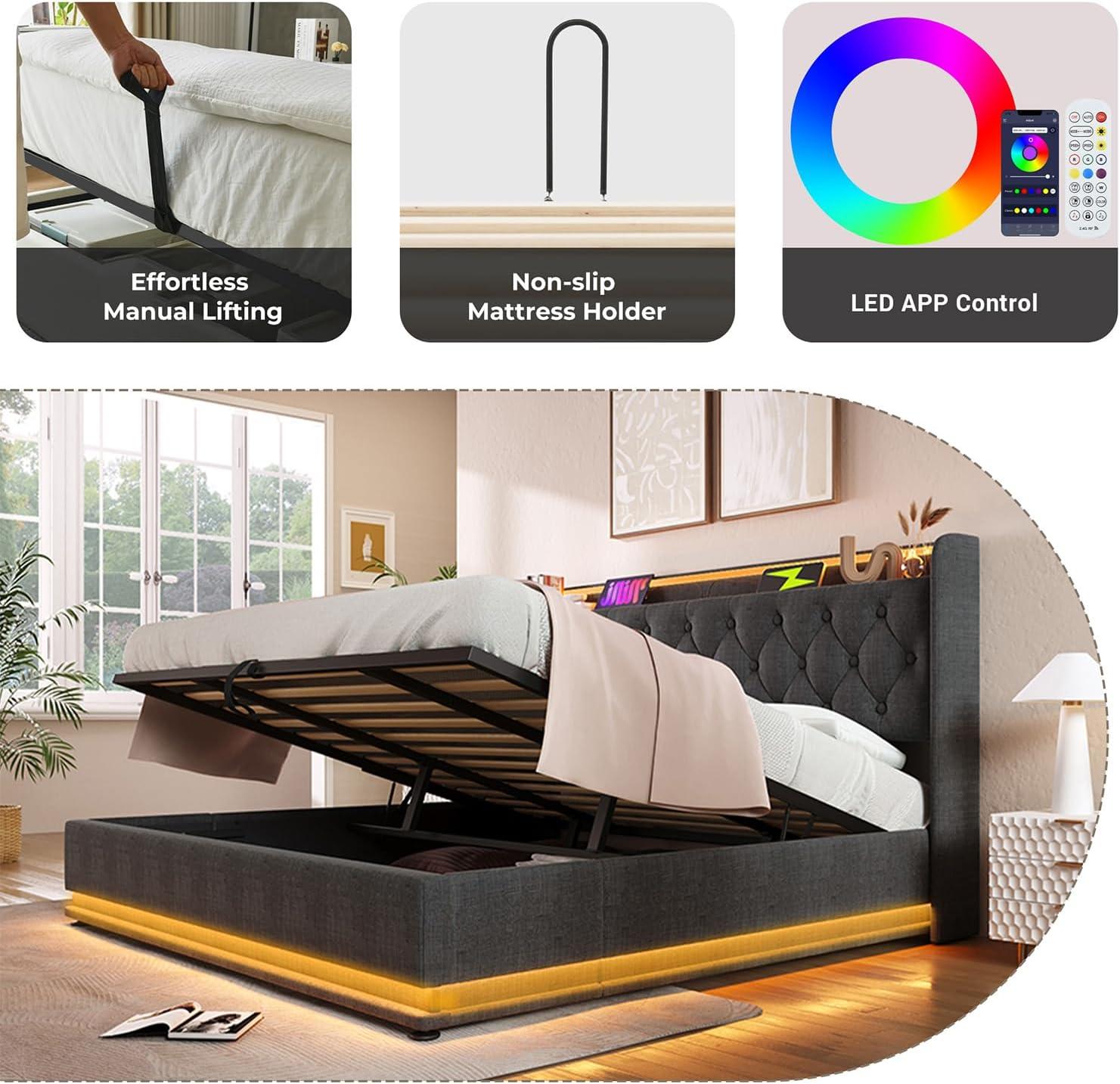 King Size Lift up Storage Platform Bed with 360 Degree Surround LED Light, Bedroom Upholstered Hydraulic Smart Bed Frame, No Noise, No Spring Mattress Required, Easy to Assemble (Gray, King)