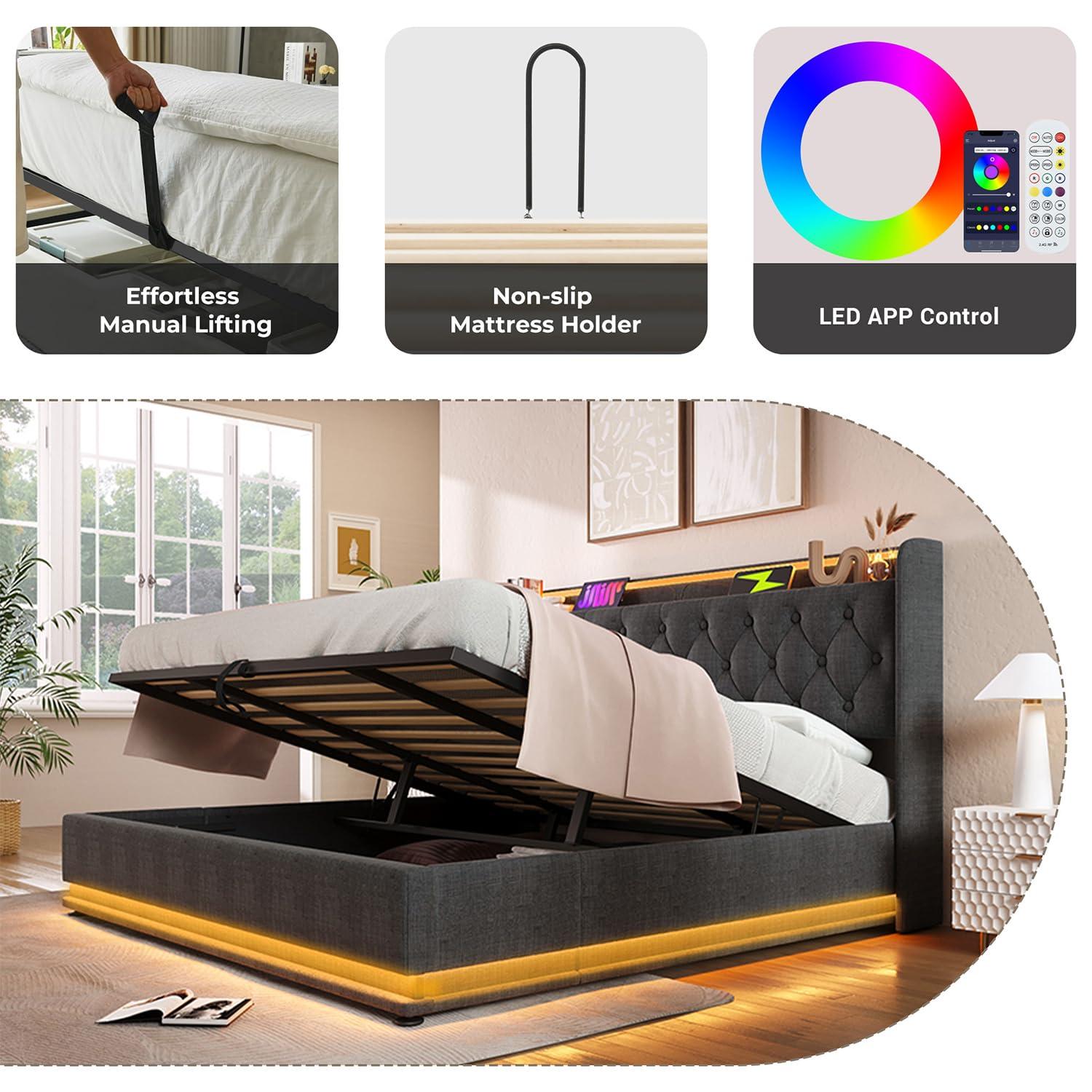 King Size Lift up Storage Platform Bed with 360 Degree Surround LED Light, Bedroom Upholstered Hydraulic Smart Bed Frame, No Noise, No Spring Mattress Required, Easy to Assemble (Gray, King)