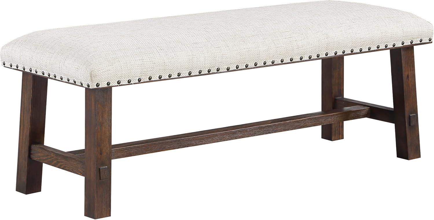 Dark Walnut and Linen Bench with Antique Bronze Nailhead Trim