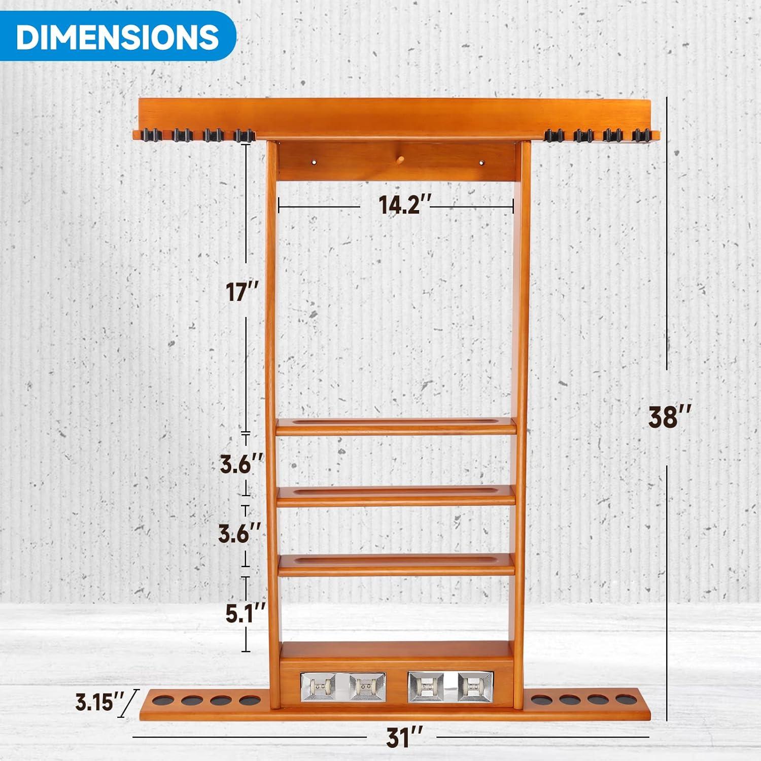 GSE Games & Sports Expert Pool Cue Stick Hanging Wall Mounting Rack with Score Counter, Cue Rack Only. Holds 8 Pool Cue Stick, Billiard Ball and Ball Rack - Oak
