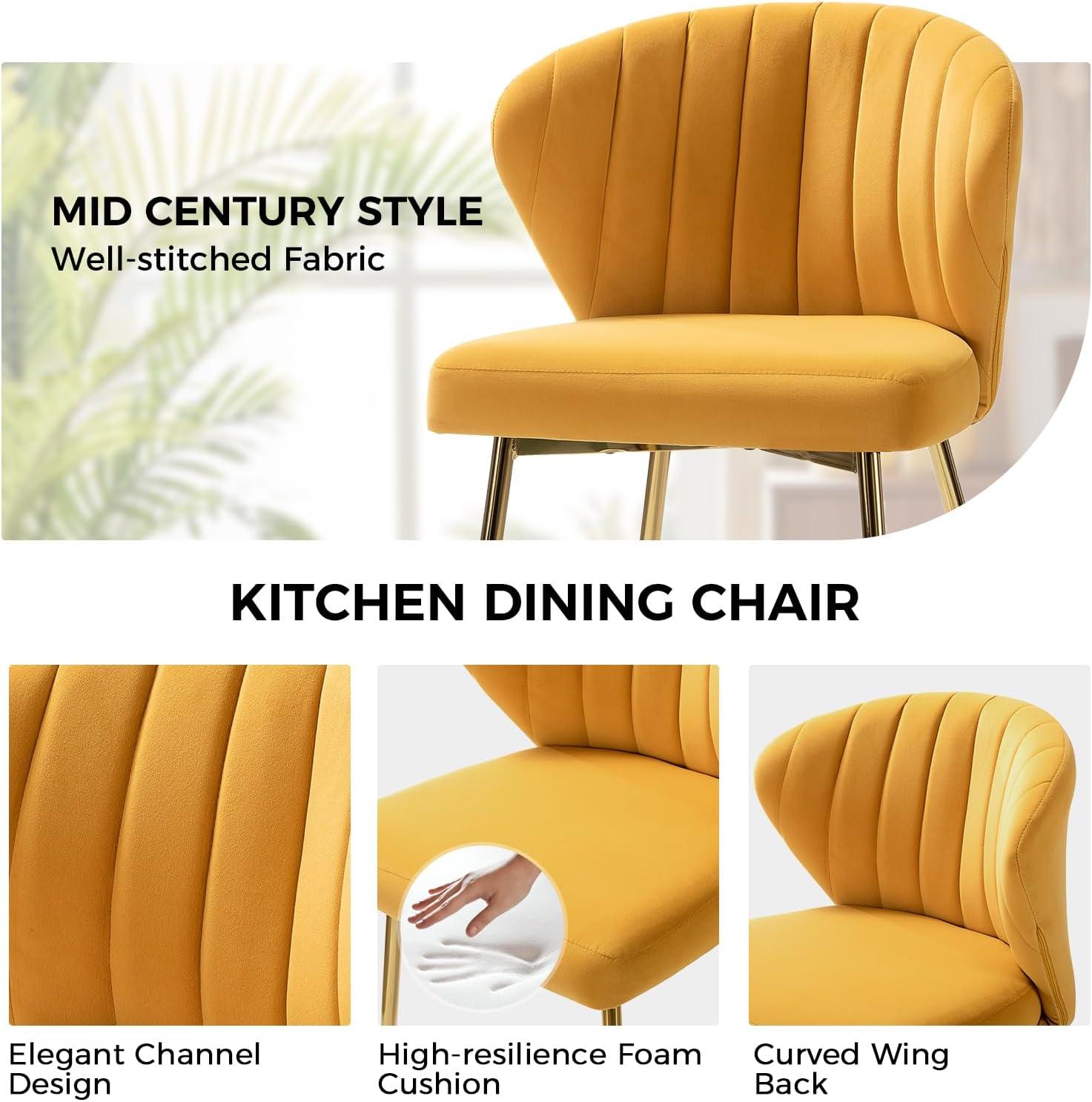 HULALA HOME Velvet Dining Chairs, Modern Small Armless Accent Chair with Gold Metal Legs, Living Room Upholstered Cute Side Chair, Elegant Tufted Back Vanity Chair for Bedroom/Beauty Room-Mustard