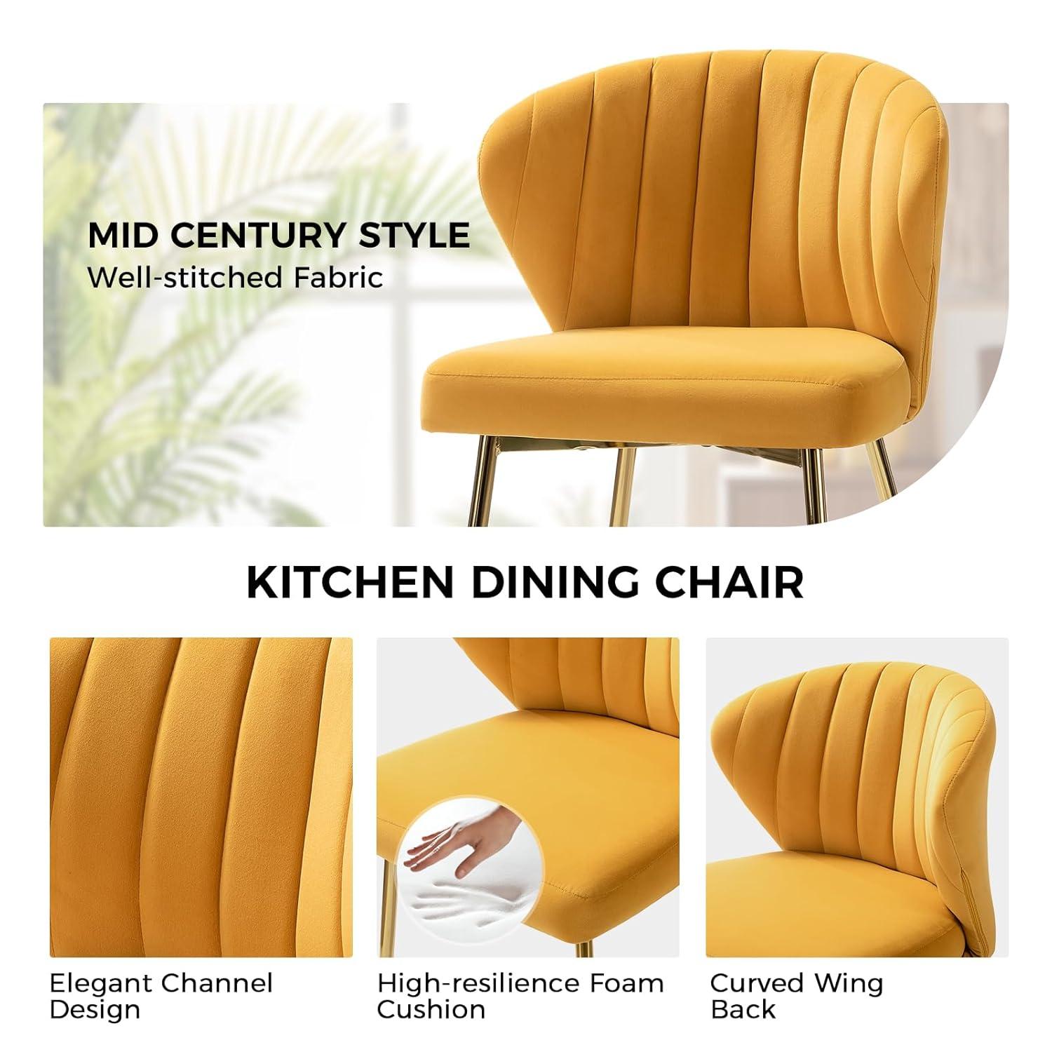 HULALA HOME Velvet Dining Chairs, Modern Small Armless Accent Chair with Gold Metal Legs, Living Room Upholstered Cute Side Chair, Elegant Tufted Back Vanity Chair for Bedroom/Beauty Room-Mustard