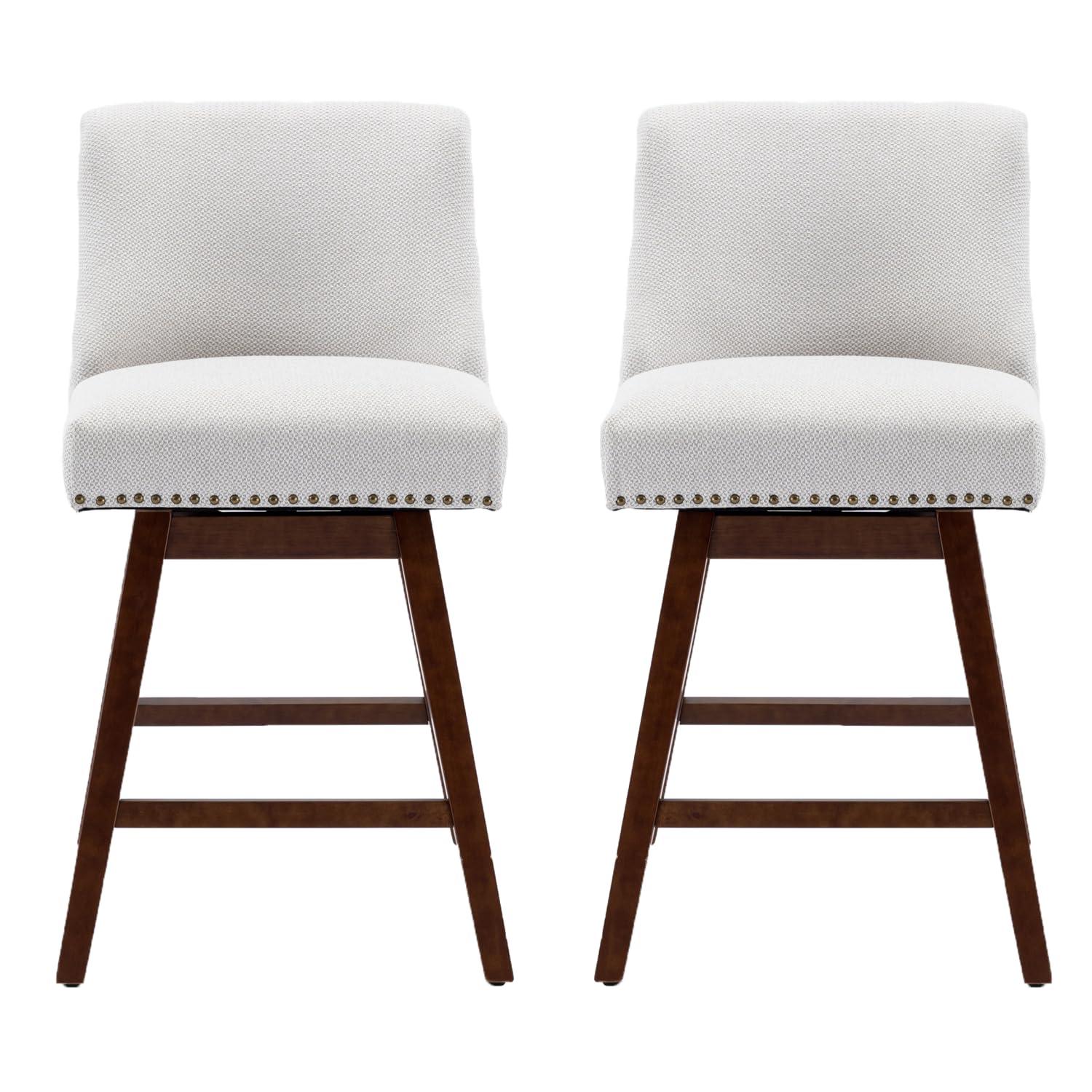 26" Swivel Bar Stools Set of 2, Modern Linen Fabric Counter Stools with Backs and Nail Head Design, Upholstered Barstools with Wood Frame for Kitchen Island, Beige