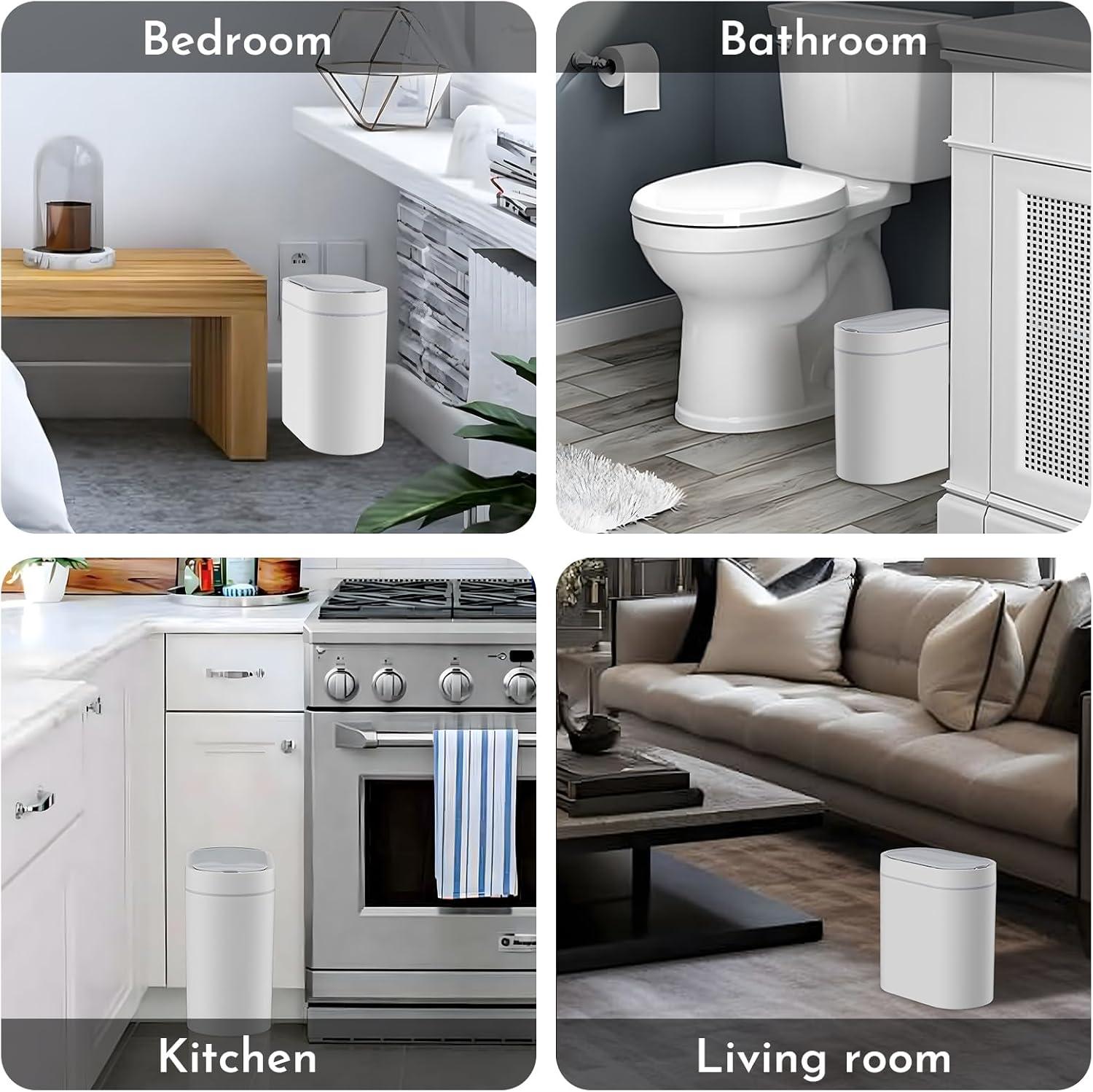Bathroom Trash Can with Lid 2 Gallon Slim Motion Sensor Garbage Can Narrow Automatic Plastic Trash Bin for Bedroom, Living Room, Toilet, Office (White)