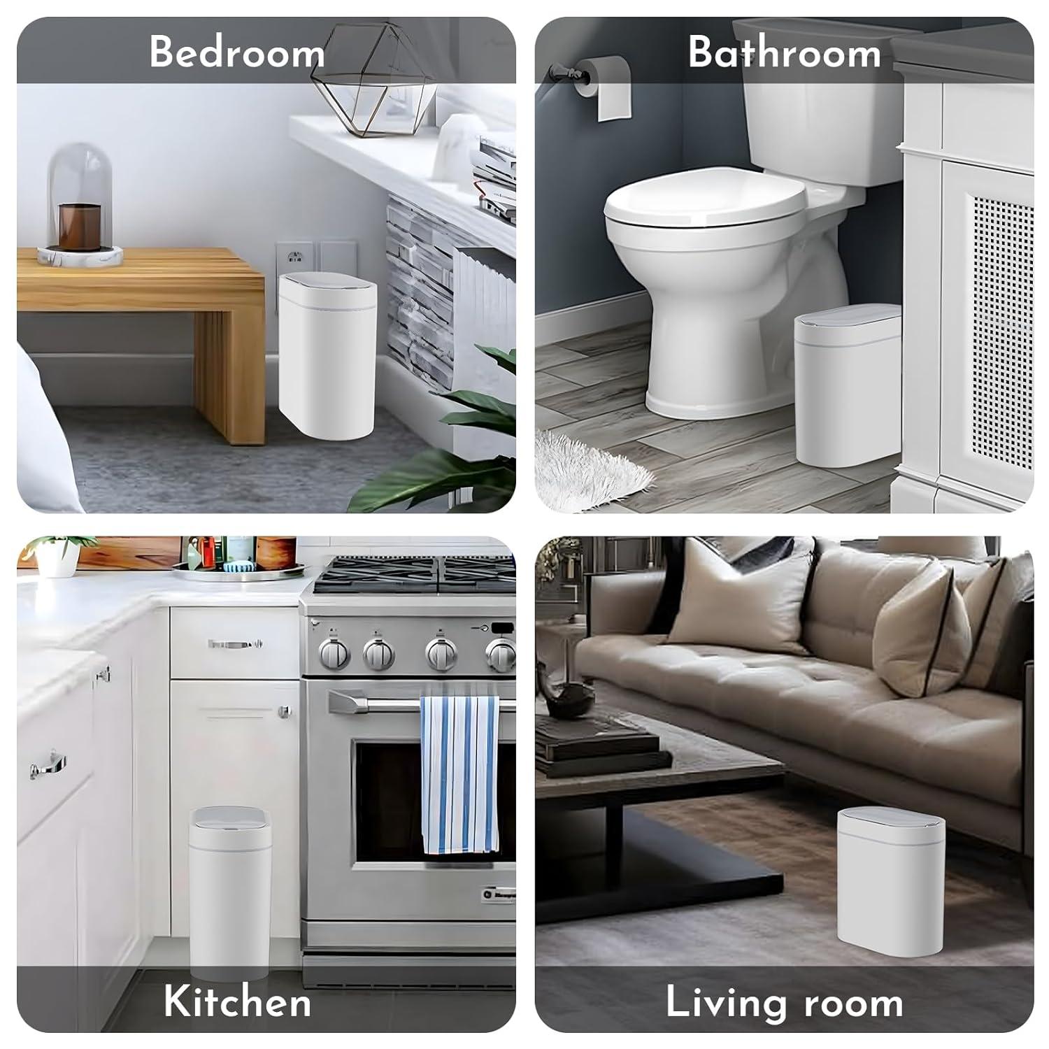 Bathroom Trash Can with Lid 2 Gallon Slim Motion Sensor Garbage Can Narrow Automatic Plastic Trash Bin for Bedroom, Living Room, Toilet, Office (White)