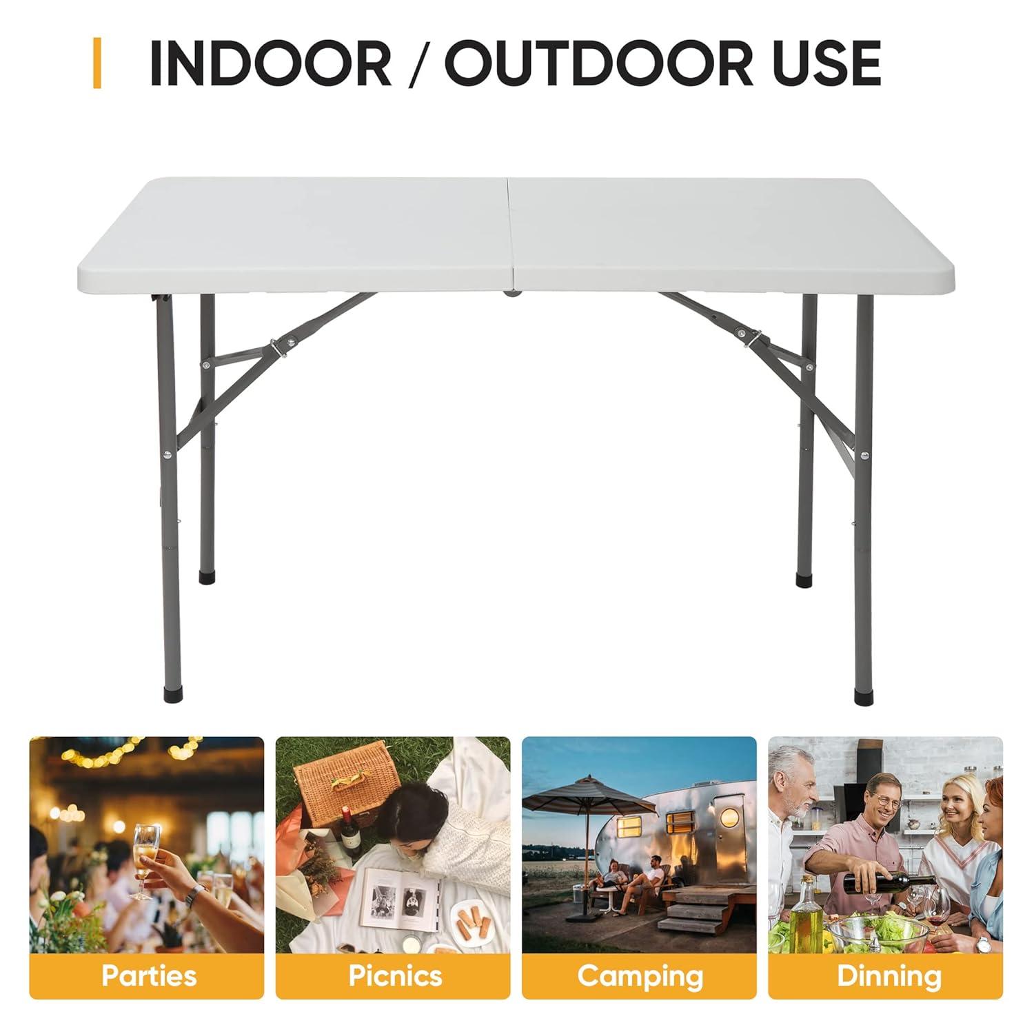 ZENY 4ft Portable Folding Table Plastic Indoor Outdoor Picnic Party Camp Dining Table with Handle, White
