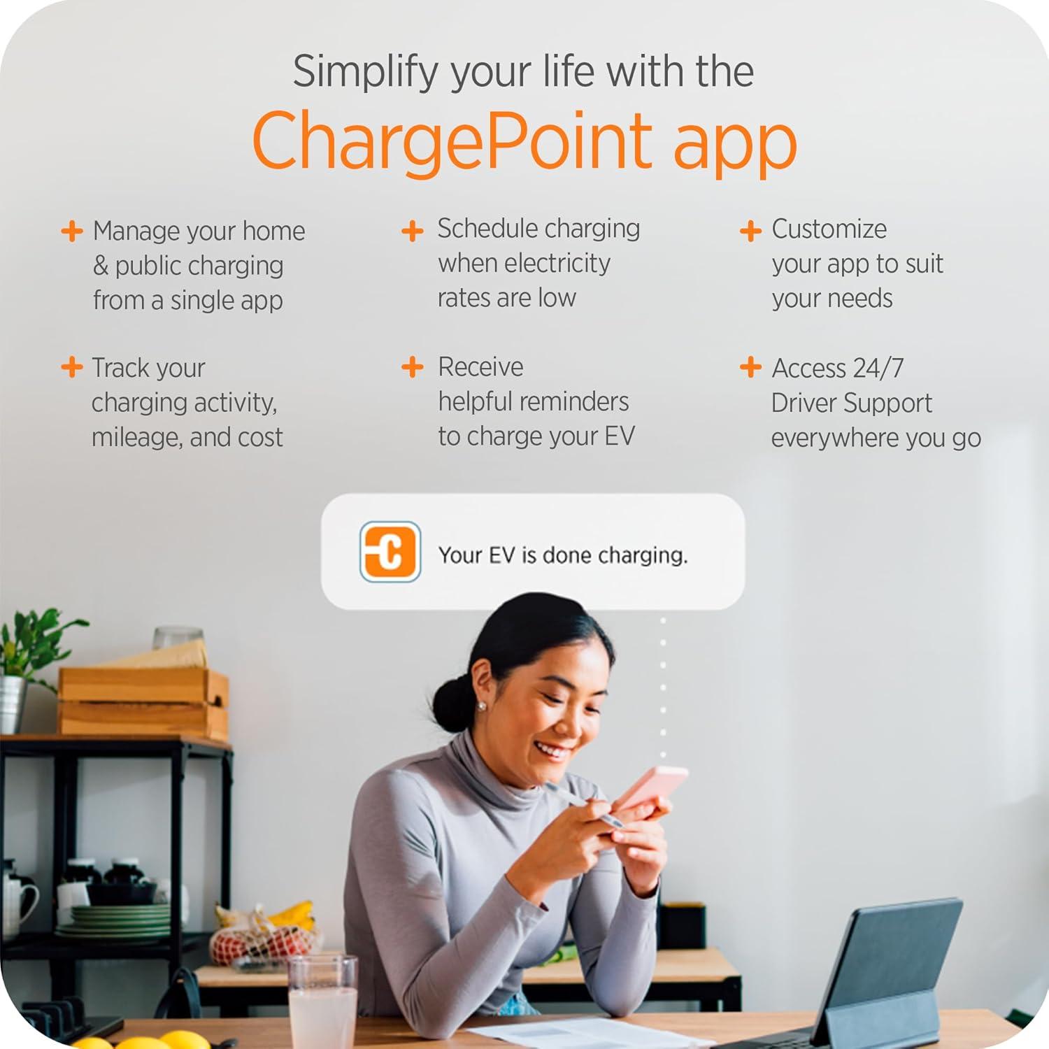 ChargePoint HomeFlex Level 2 EV Charger J1772, Hardwired for Electric Car - Fast Smart Battery Power Charging at Home for Electric Automobile Vehicles