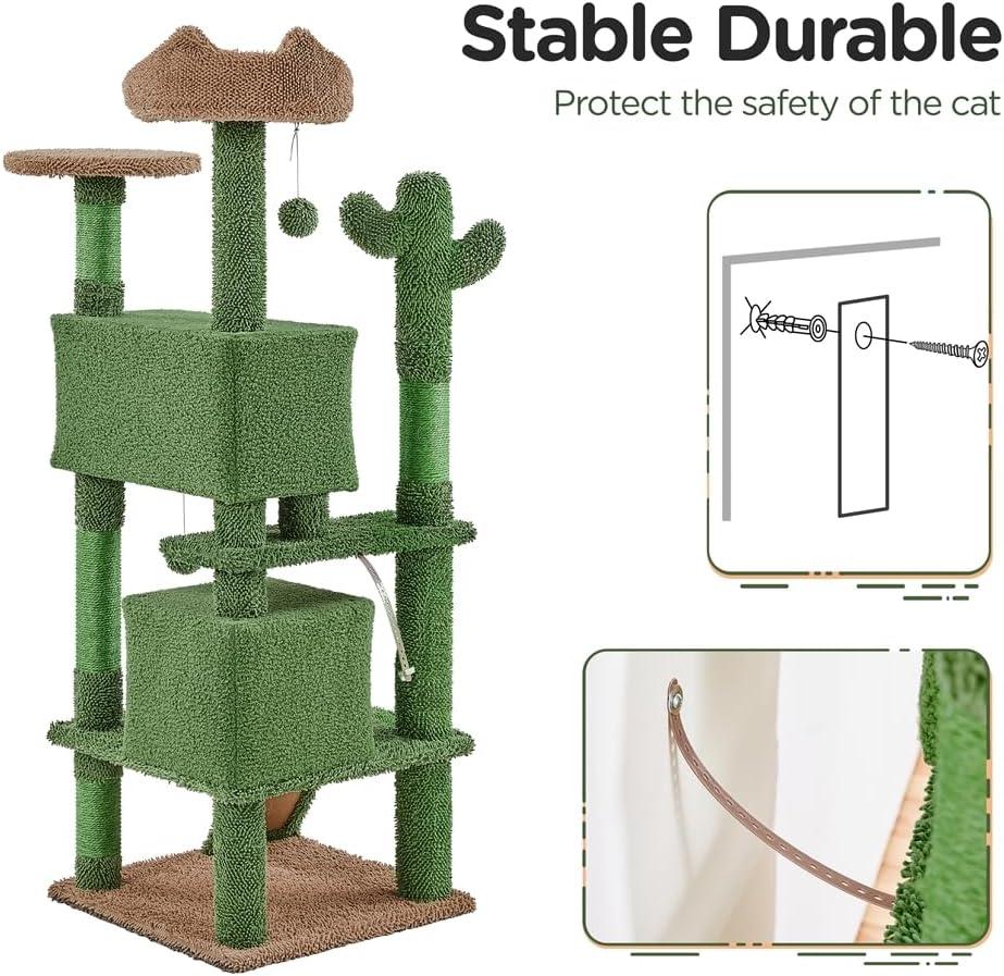 Gaetanina Cactus Cat Tree, 54.5In Cat Tower For Indoor Cats, Multi-Level Cat Condo With Scratching Posts, Ramp, Perch, Platform & Hanging Ball, Cat Furniture Activity Center For Kitten House Play