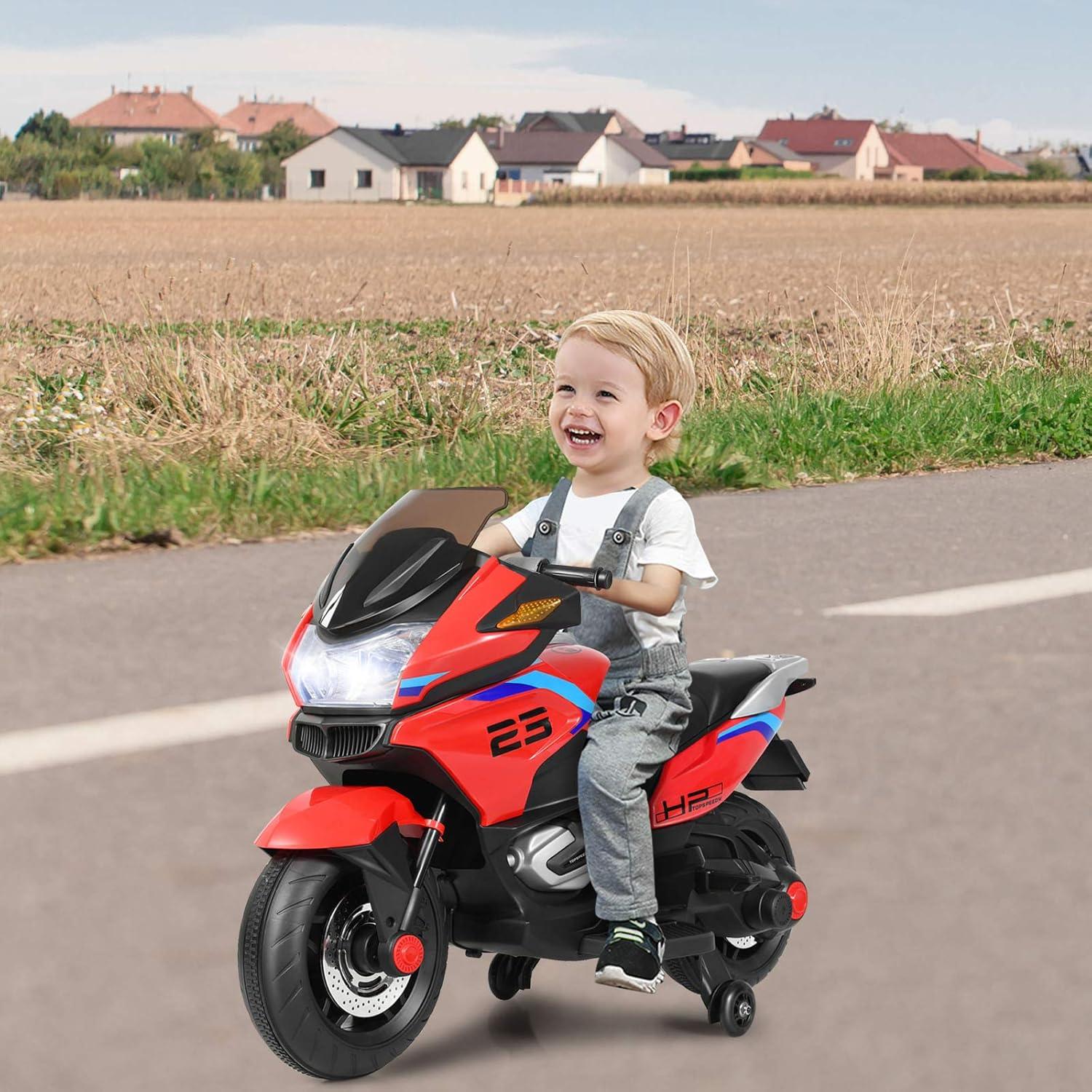 Costway 12V Kids Ride On Motorcycle Electric Motor Bike w/ Training Wheels & Light Red