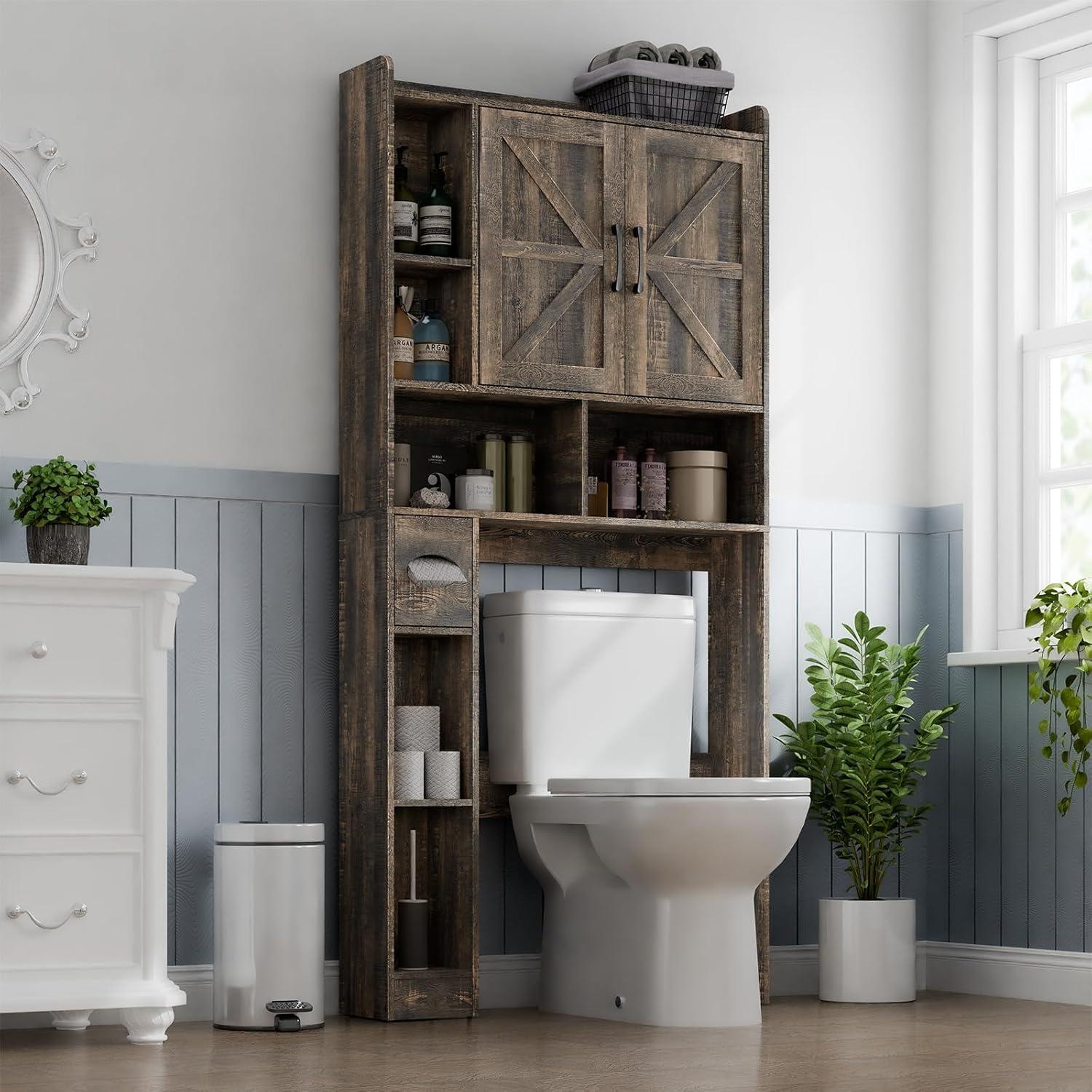 Over The Toilet Storage Cabinet, with 2 Barn Doors & Toilet Paper Holder Stand