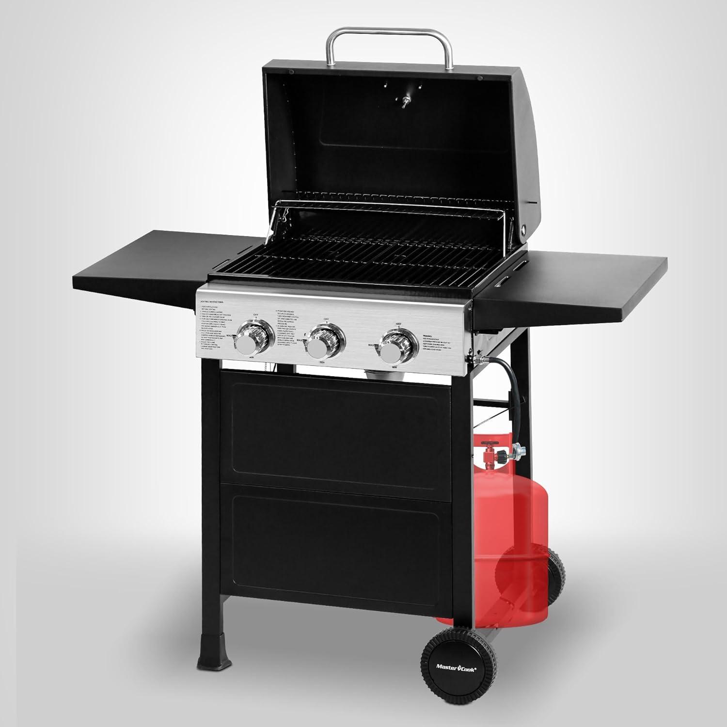 MASTER COOK Propane Gas Grill, 3 Burners Stainless Steel Grill with Foldable Shelves, Black