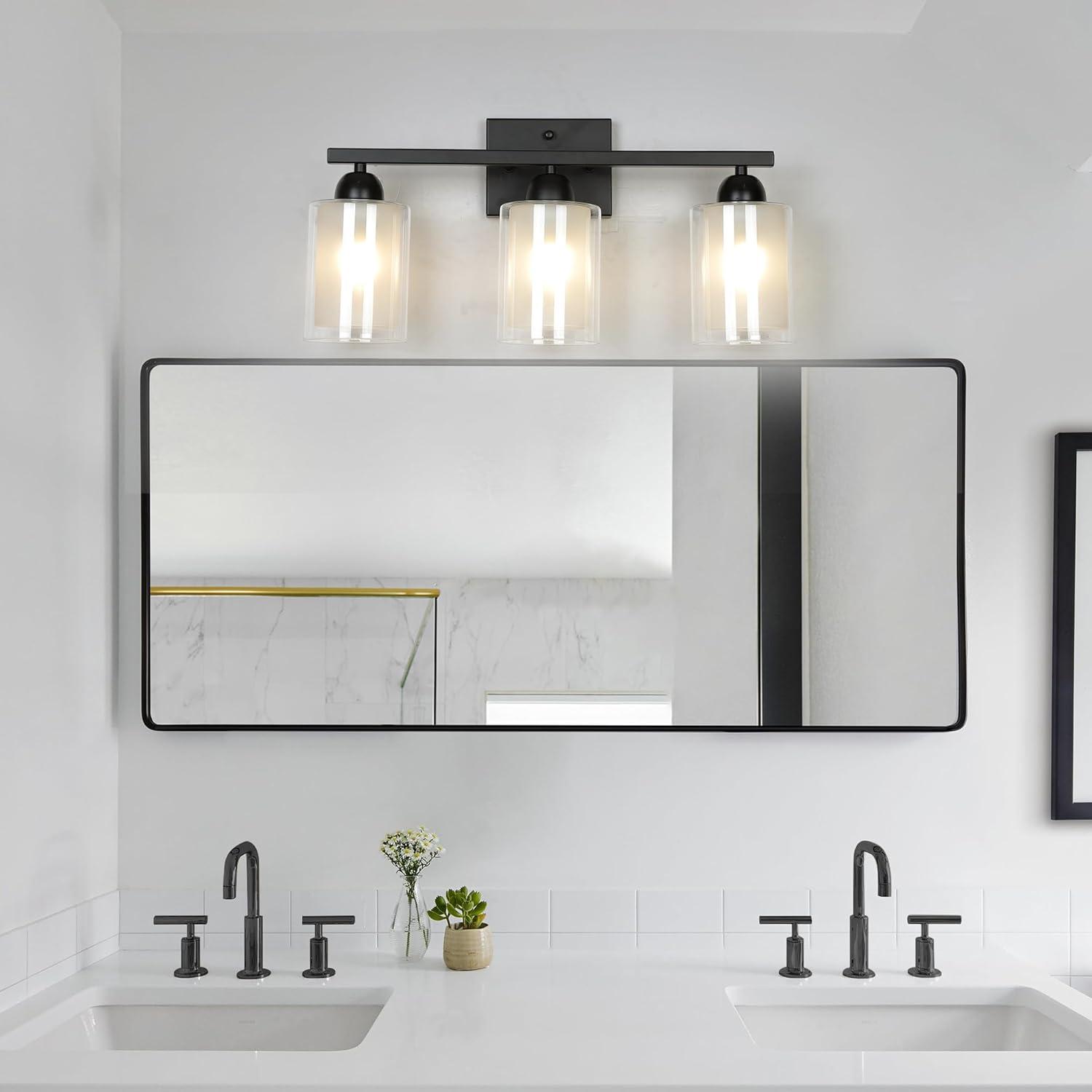 3-Light Bathroom Light Fixtures Bathroom Vanity Lights with Clear Glass Shades Matte Black Bathroom Light Fixtures over mirror for Mirror Living Room Cabinet Bedroom Porch