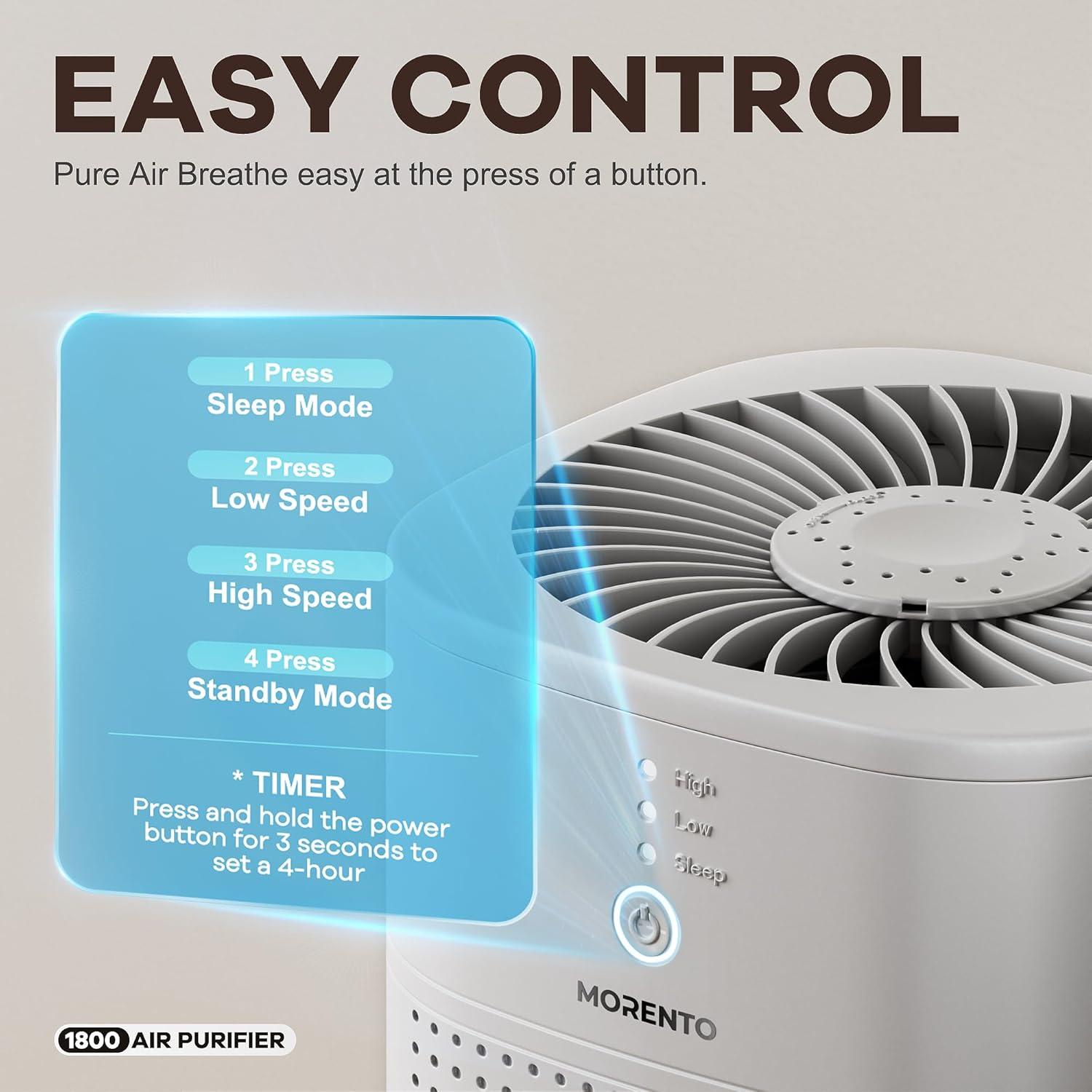 MORENTO Air Purifiers for Bedroom for Smoke, Small Air Purifier with Sleep Mode