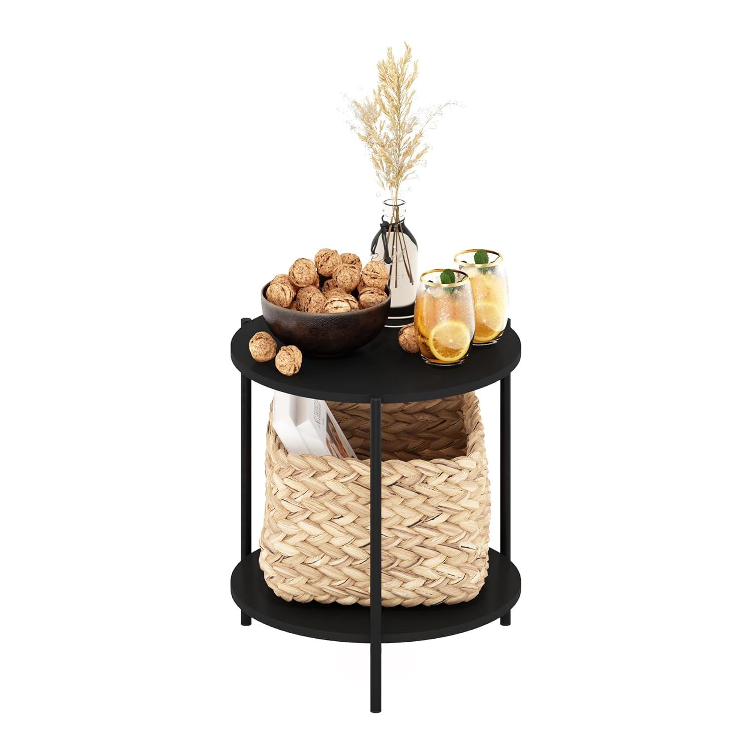 Compact Round White Wood and Metal Side Table