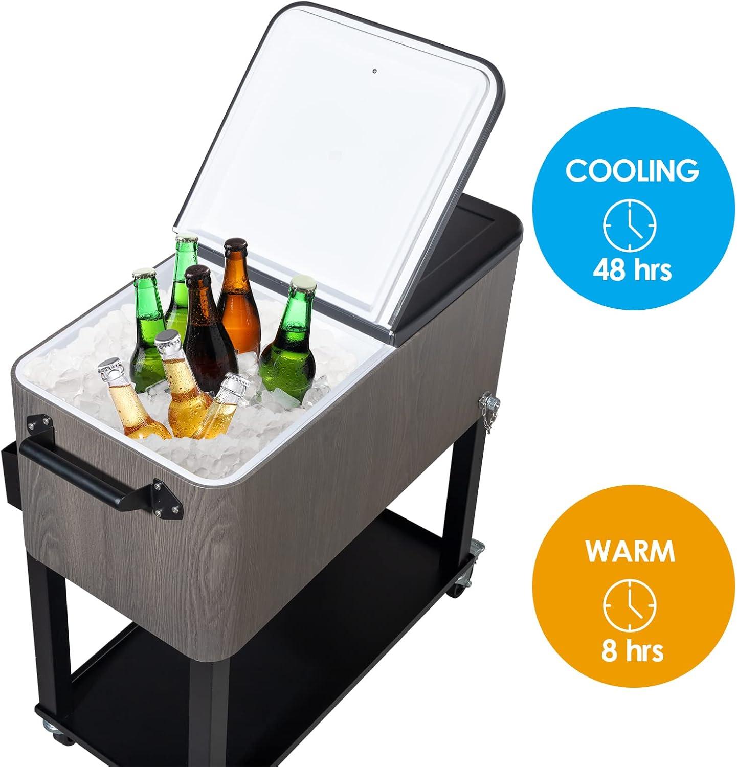 VINGLI 80 Quart Rolling Ice Chest on Wheels, Patio Cooler Cart with Waterproof Cooler Cart Cover, Beverage Rolling Cooler for Outdoor Patio Deck Party
