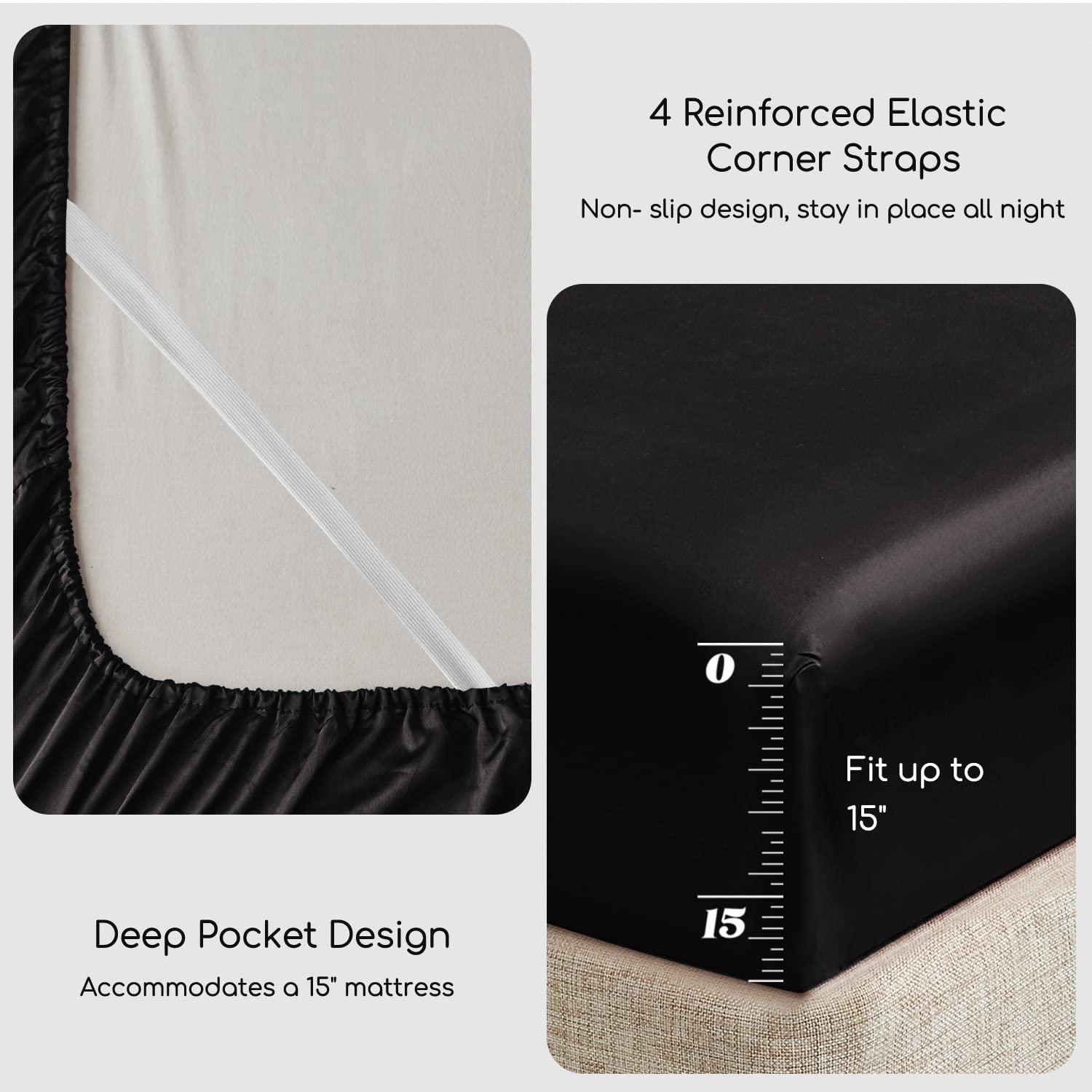 MR&HM Satin Sheet Set Queen 4 Pcs, Silky Elegant Luxurious Queen Size Bed Sheets, with Flat Sheet, Deep Pocket Fitted Sheet for Mattress and Matching Satin Pillow Cases (Queen Size, Black)