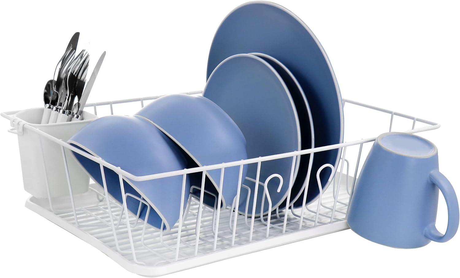 Mega Chef  White Iron Wire 17.5-inch Single-level Dish Rack with 14 Plate Positioners and a Detachable Utensil Holder