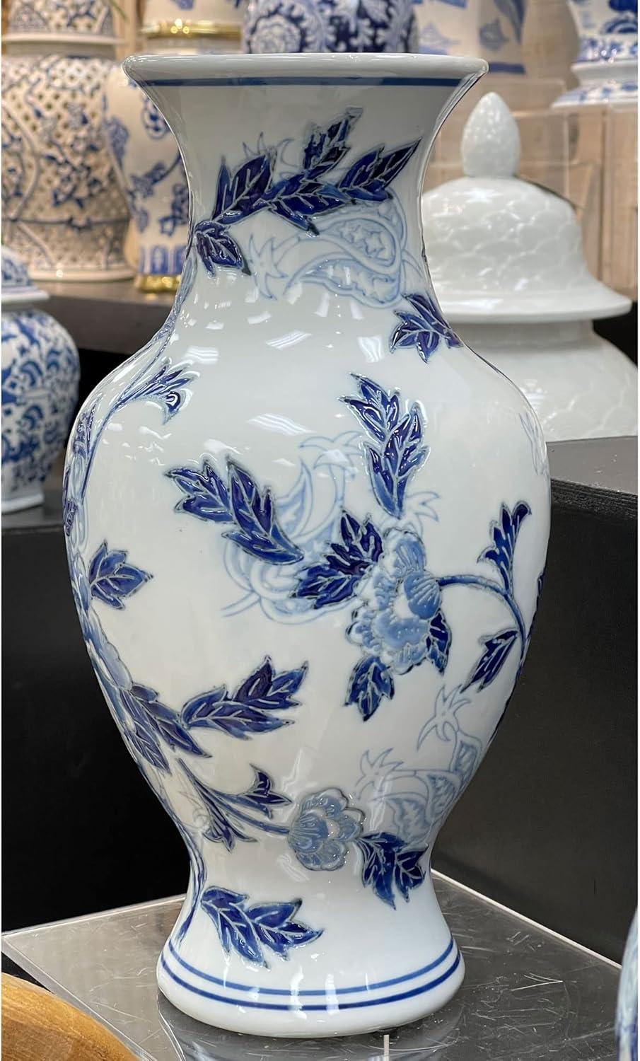 Dark Blue Floral Chinoiserie Ceramic Vase with White Accents