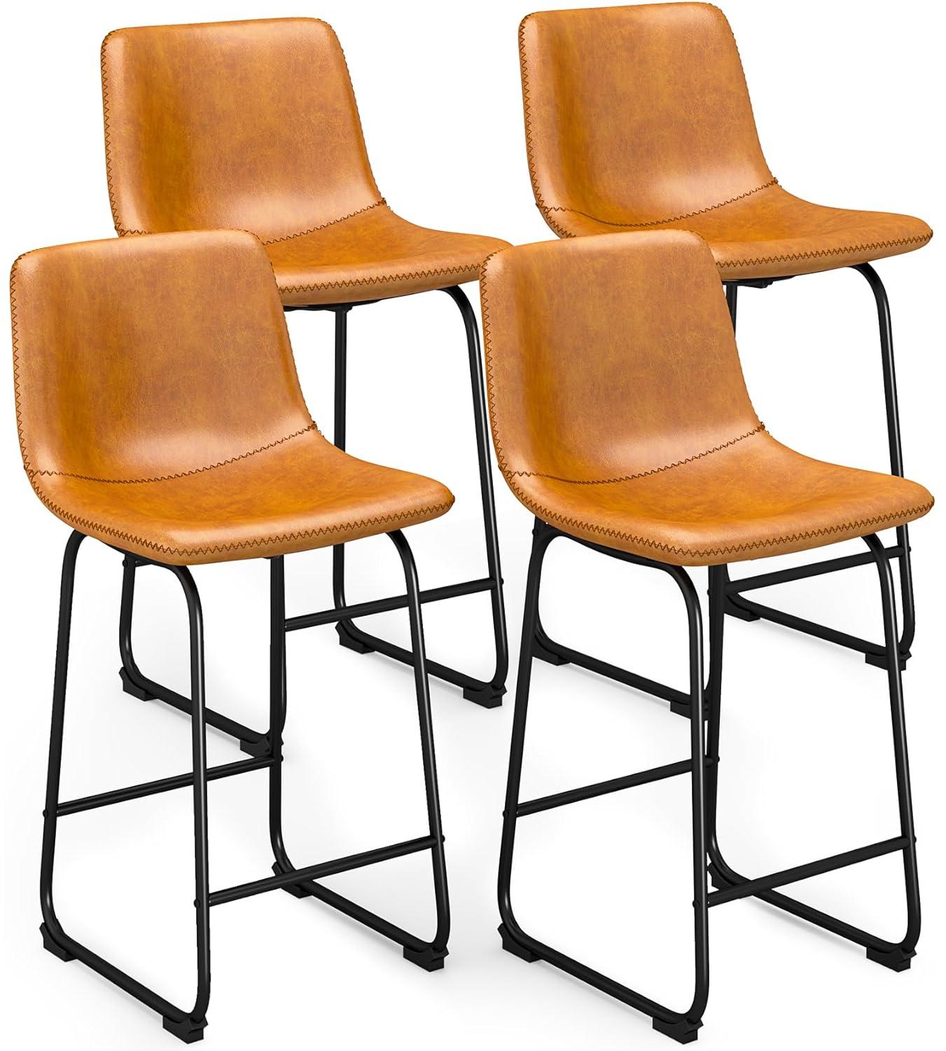 WM 26 inch Counter Height Bar Stools Set of 4, Modern Faux Leather High Barstools with Back and Metal Leg, Bar Chairs for Indoor & Outdoor, Brown