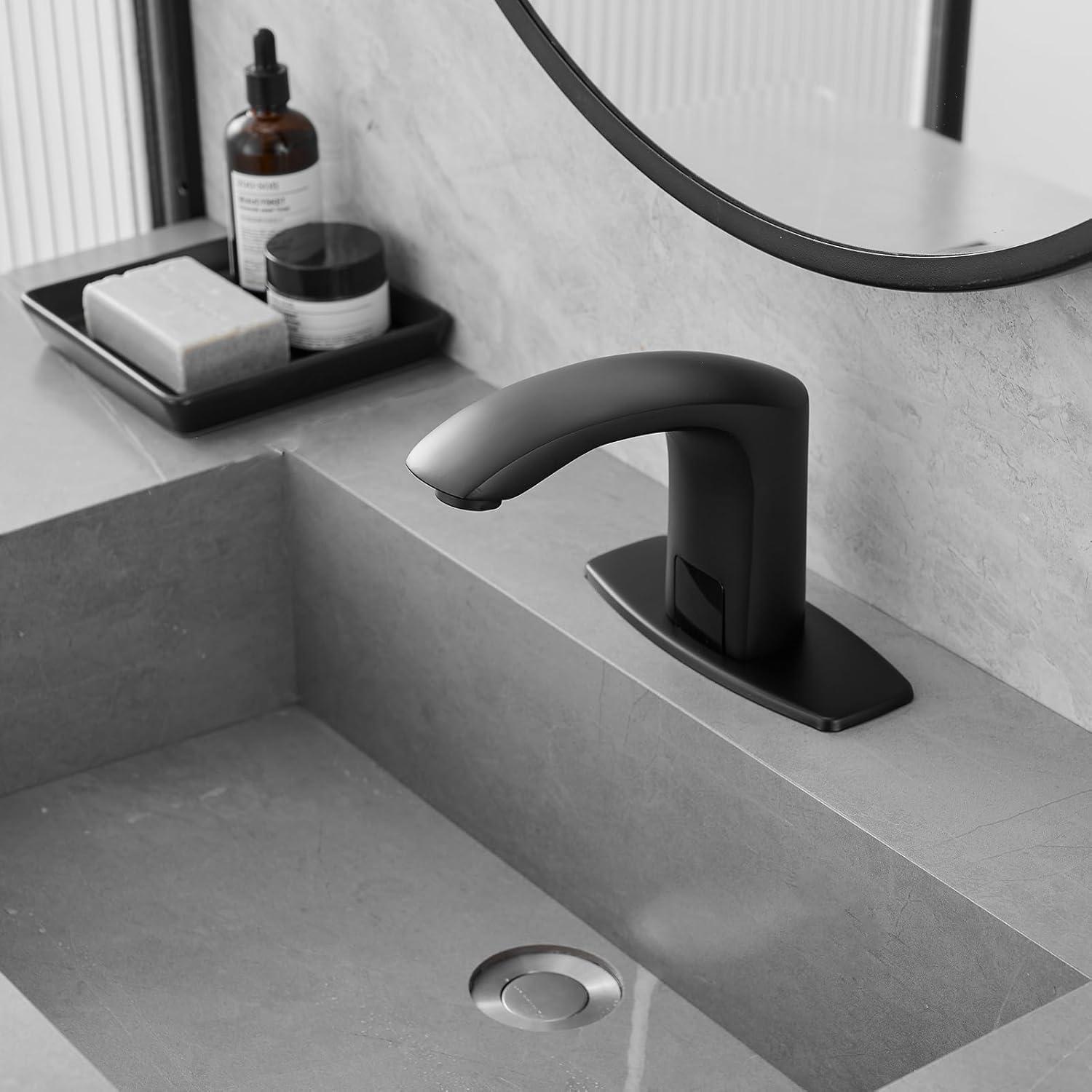 Touchless Bathroom Faucet, Commercial Hands-Free Automatic Sensor Faucet, AC/DC Powered Sink Faucet, Temperature Adjustment Valve, Black
