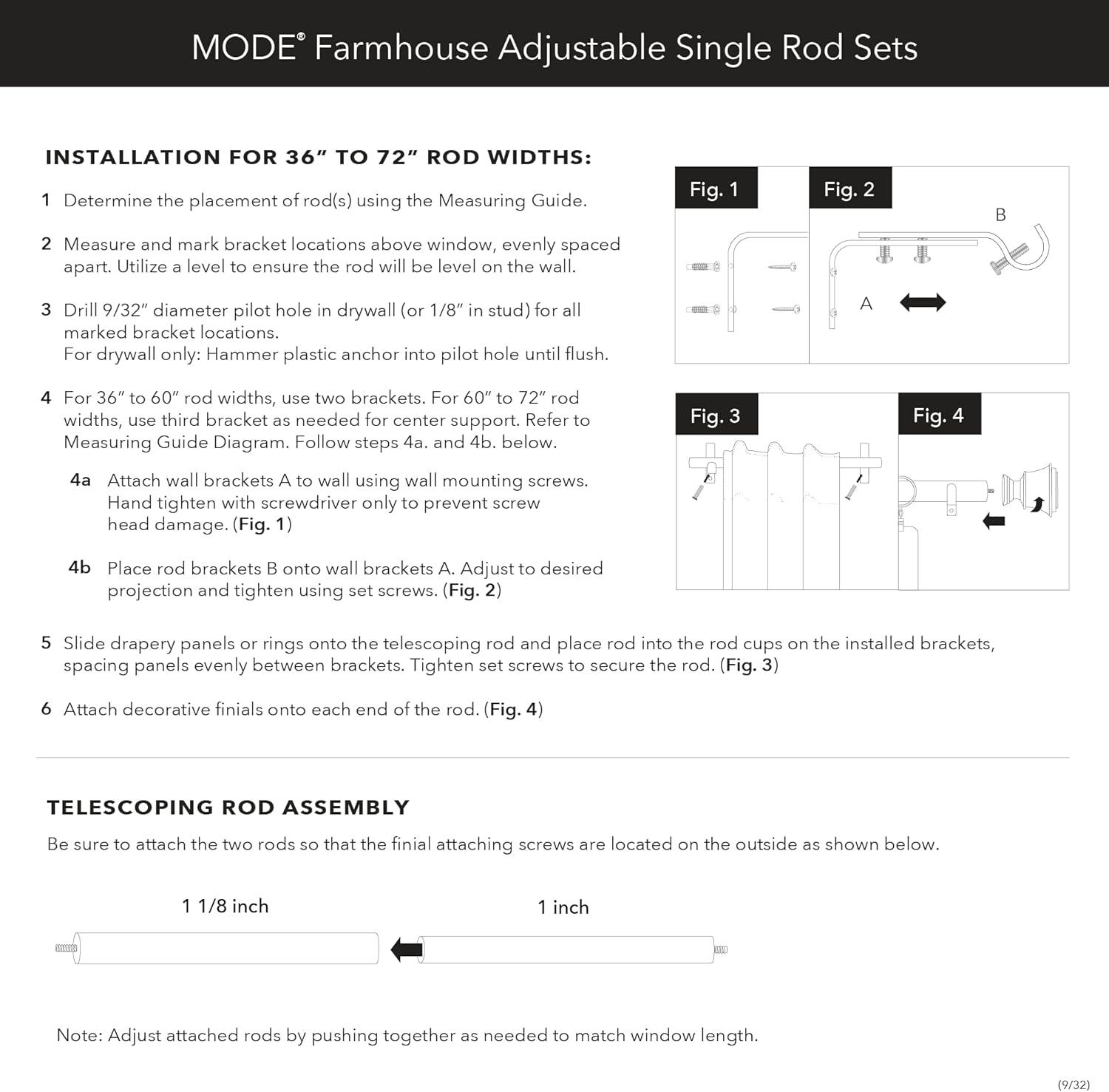 Mode Farmhouse Collection 1 1/8 in Diameter Curtain Rod Set with Cottage Square Finials and Steel Wall Mounted Adjustable Rod