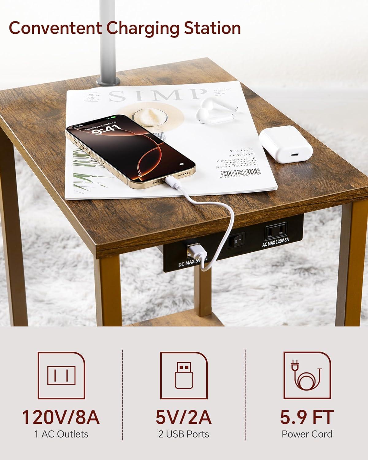 SUNMORY Floor Lamp with Table, Lamps for Living Room with USB Port, Attached End Table with Shelves, Brown