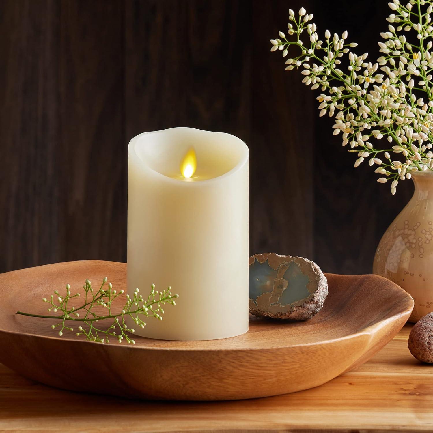 Luminara Realistic Artifical Flame Classic Pillar LED Candle - Moving Flame LED Battery Operated Lights - Unscented - Remote Ready - Ivory - 4" x 9"