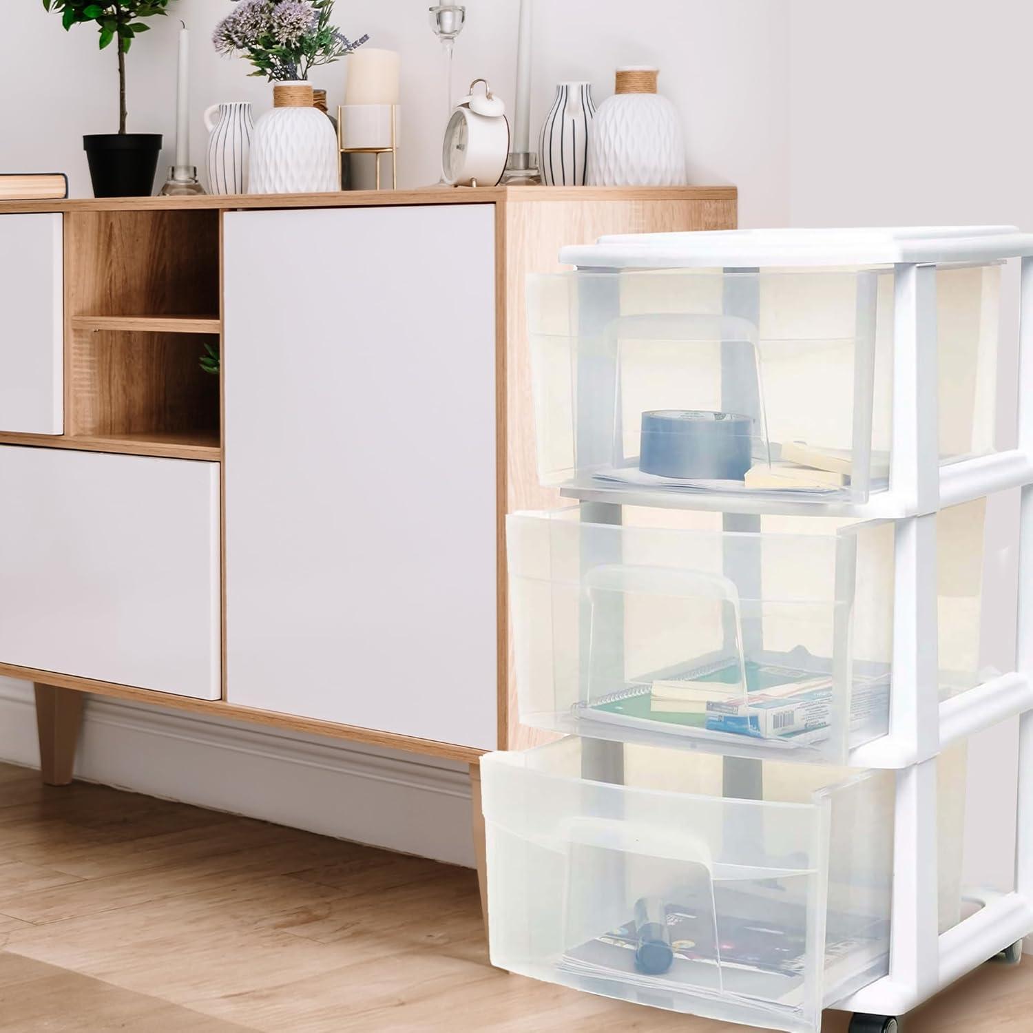 Open Box Plastic 3 Drawer M Storage Container Tower, Clear Drawers/White Frame