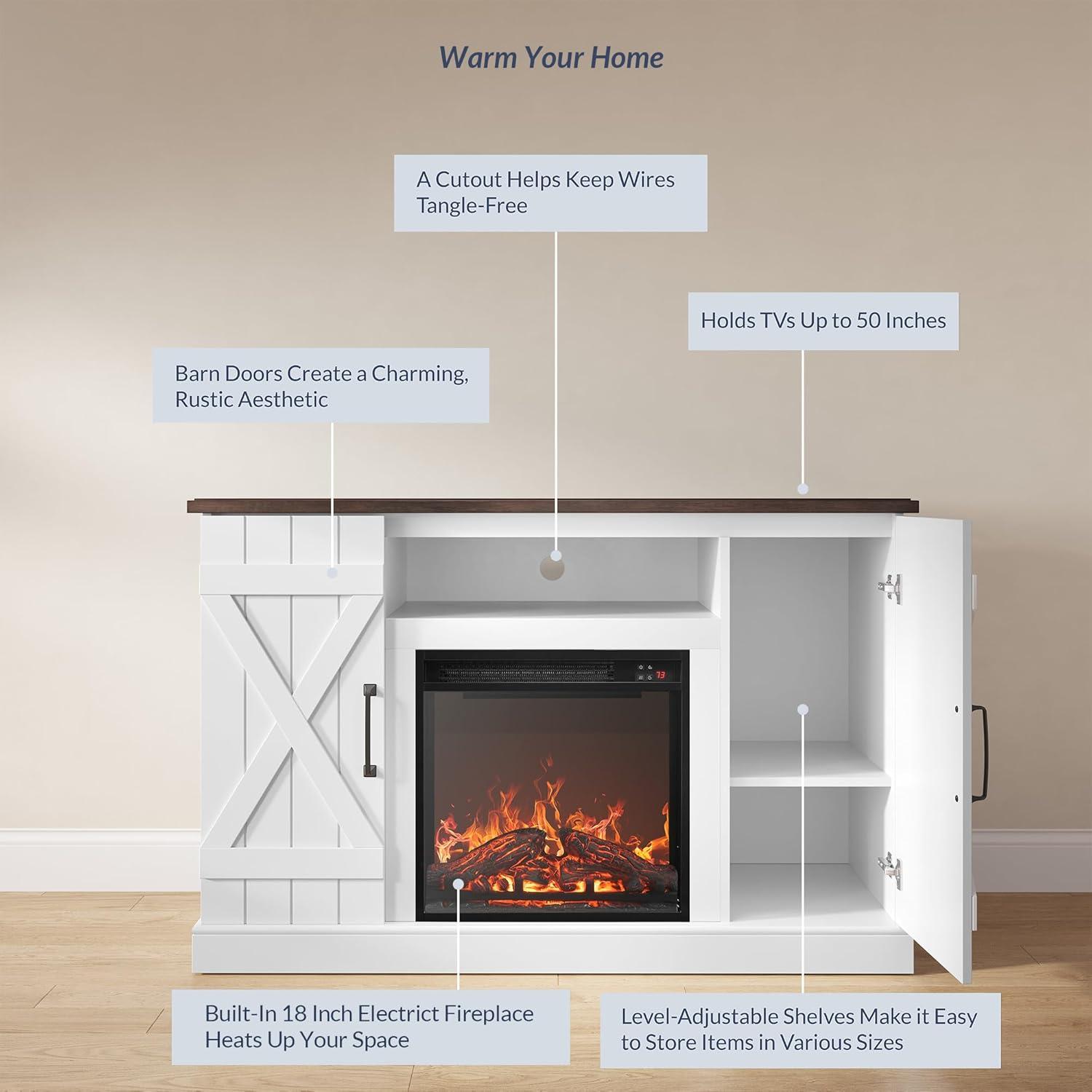 BELLEZE 47" TV Stand with 18" Electric Fireplace, Barn Door TV Stand for TVs up to 50", Modern Farmhouse Media Console with Storage Shelf and Cabinets - Veropeso (White)