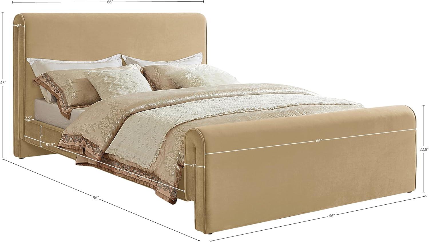 Camel Velvet Upholstered Queen Bed with Curved Headboard