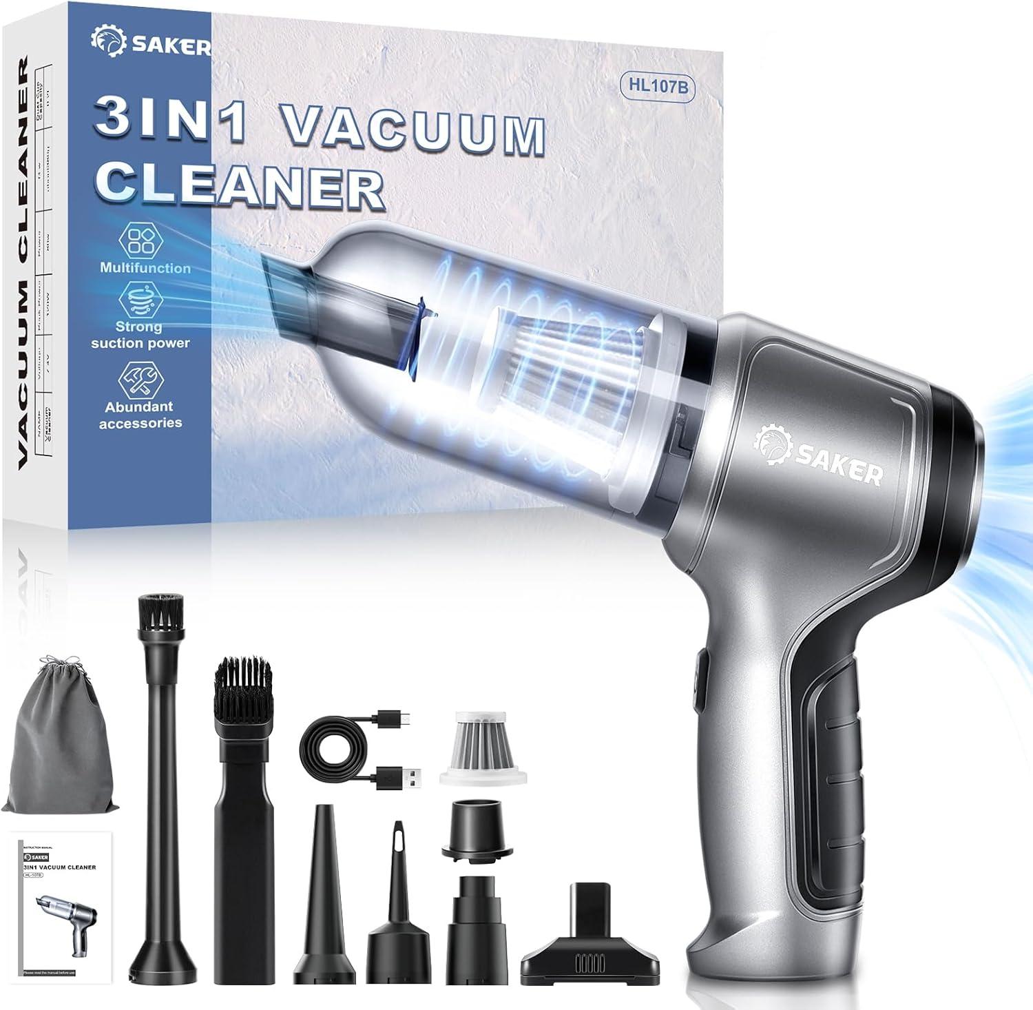 Saker Car Vacuum Portable Cordless 3 in 1 Handheld Car Vacuum 15000PA High Power with Brushless Motor and TypeC for Cars,Office,Home Cleaning HL107B