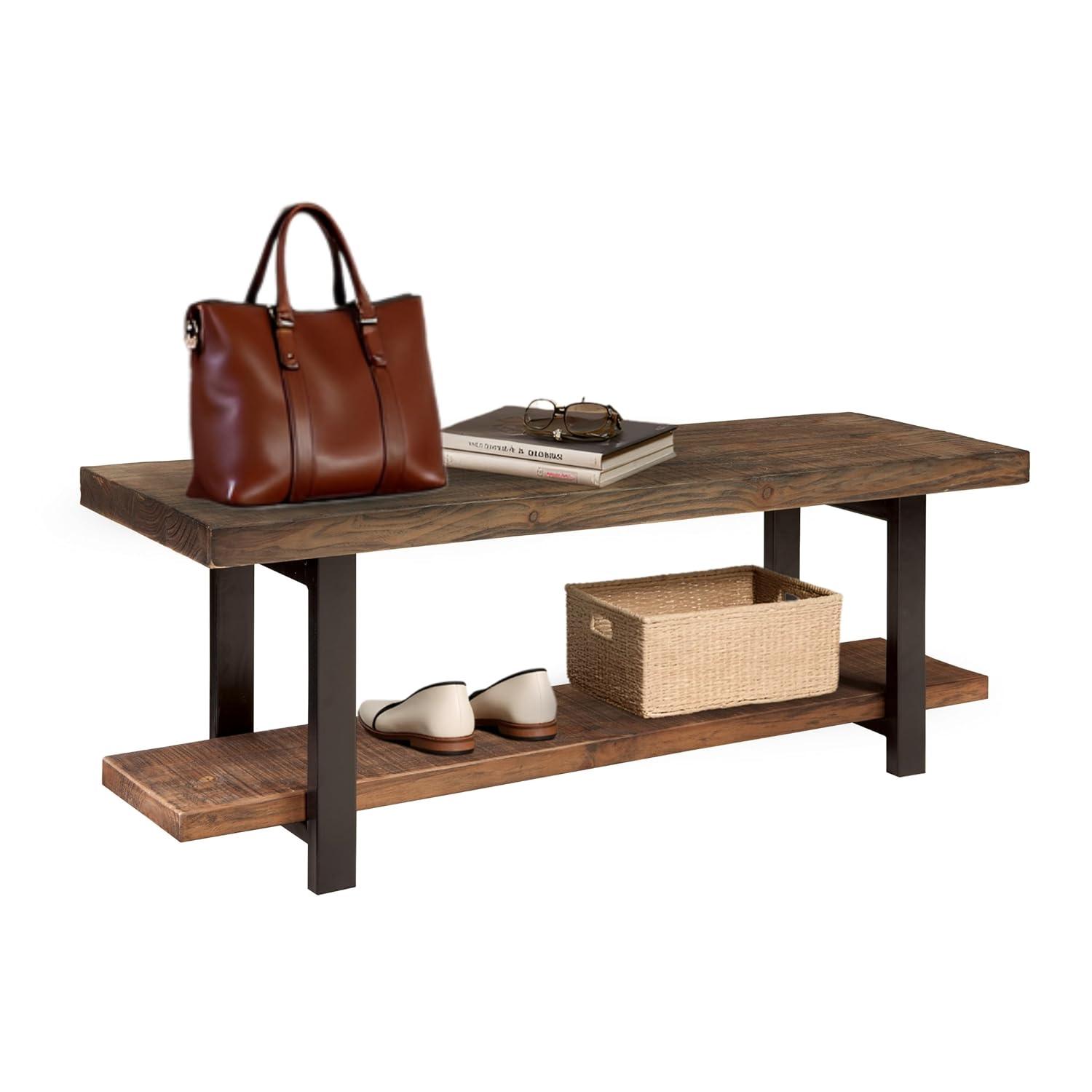 48" Pomona Solid Wood and Metal Entryway Bench Brown - Alaterre Furniture: Rustic Style, 2-Seater with Storage, Spot Clean