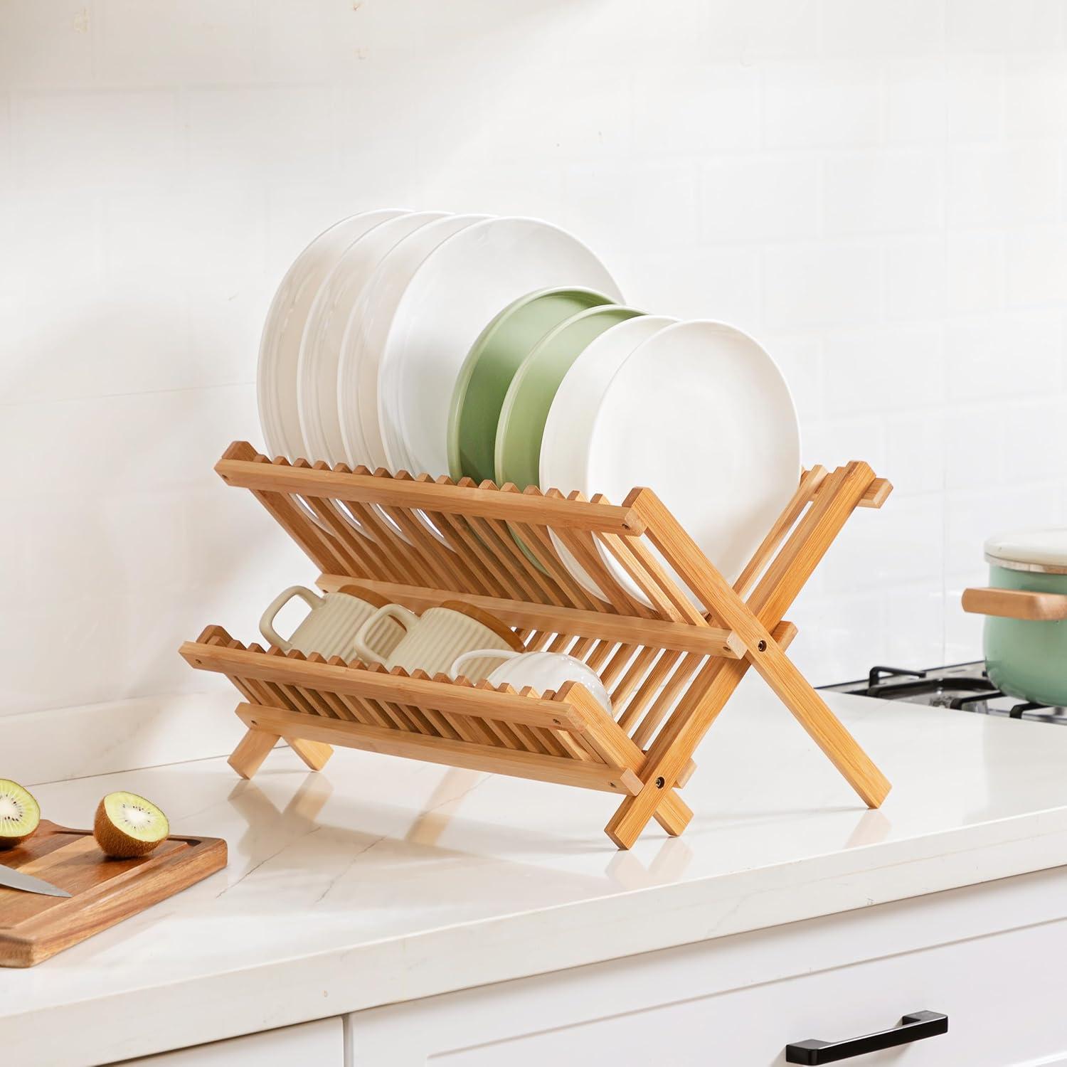 Foldable Bamboo 2-Tier Dish Drying Rack with Utensil Holder