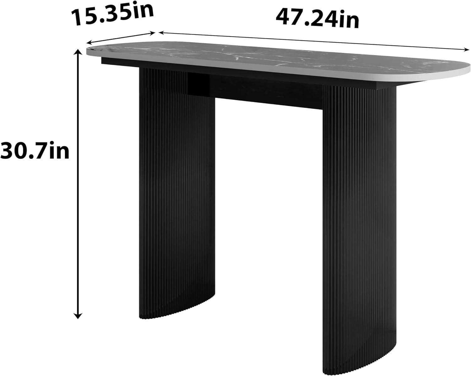 Black Marble Top Console Table with Fluted Wooden Base