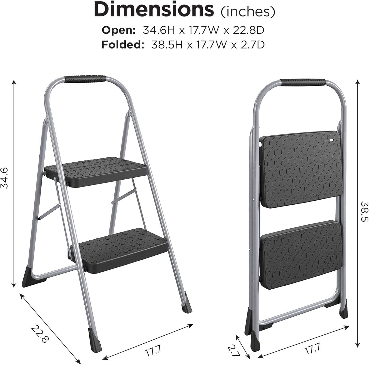 Gray Steel 2-Step Folding Step Stool with Black Resin Steps