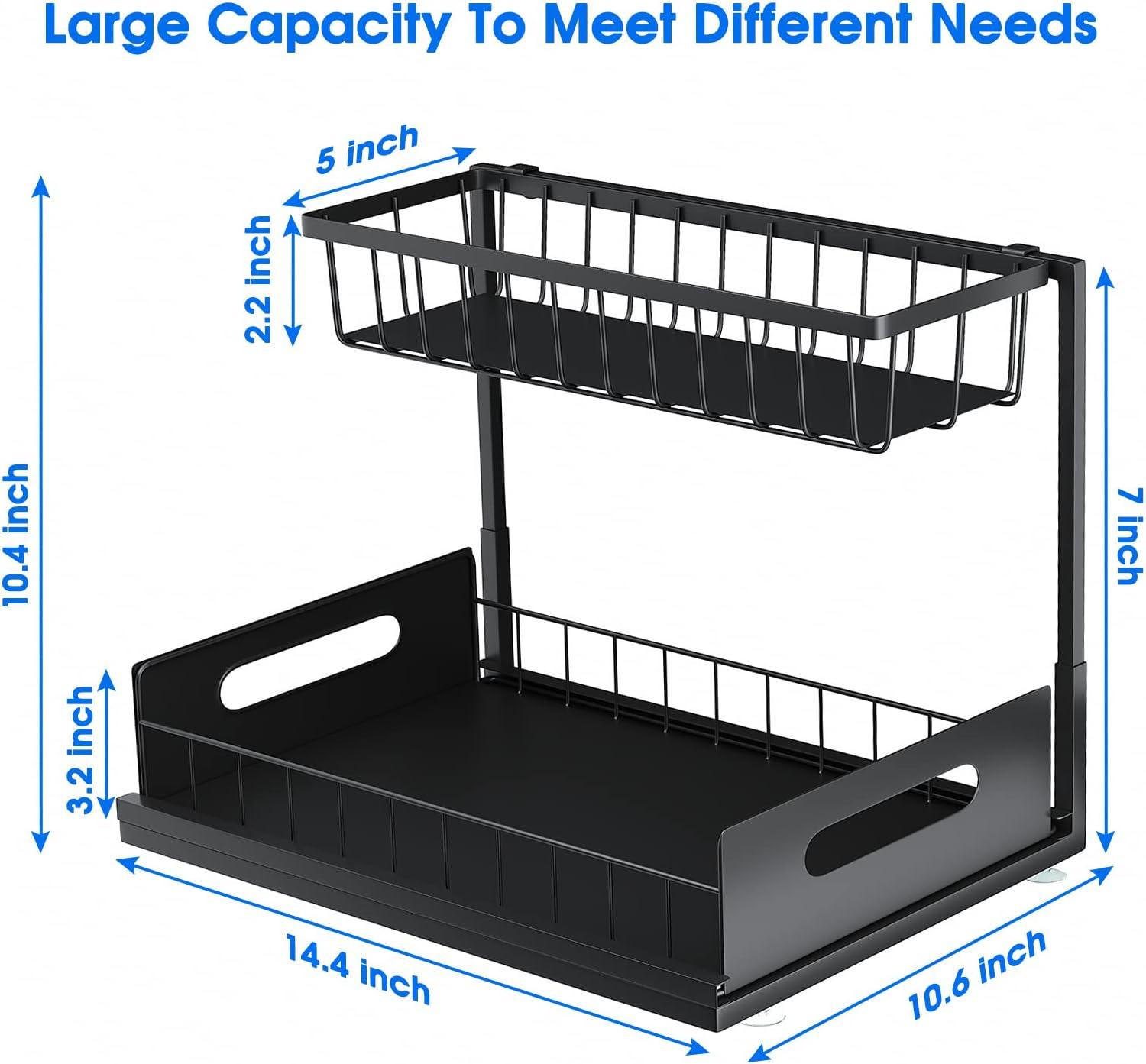 Black Steel 2-Tier Sliding Cabinet Organizer with Drawers