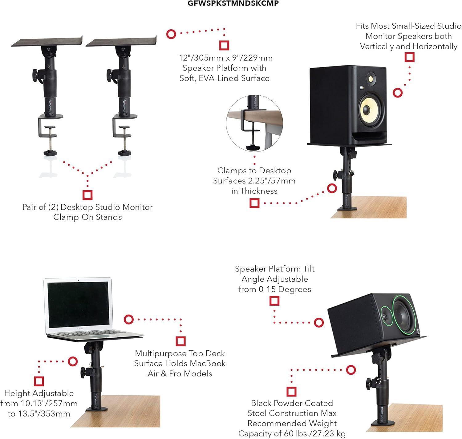 Adjustable Black Steel Clamp-On Studio Monitor Stands - Pair