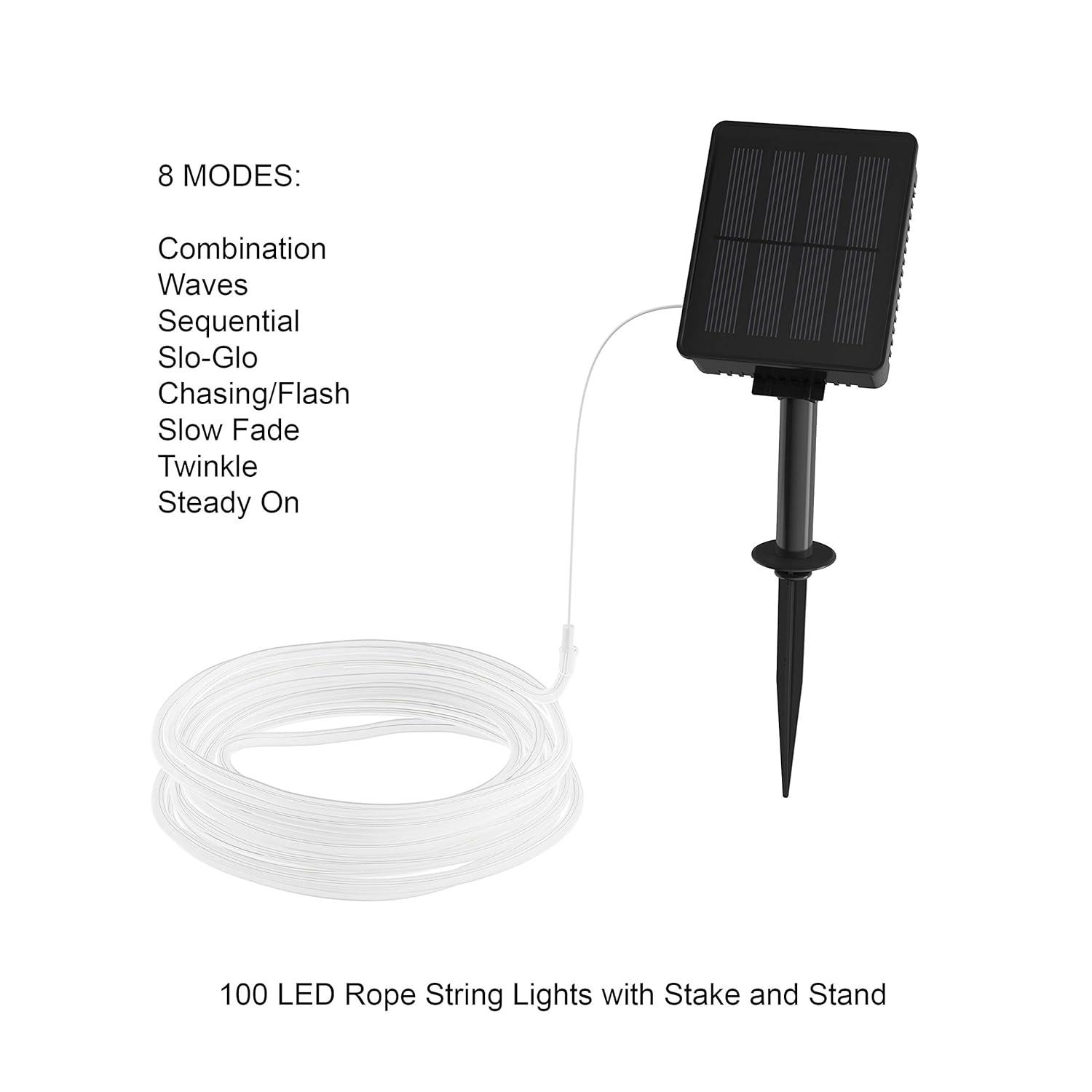 Pure Garden 50-LG1008 Outdoor Solar Rope Light-Solar Powered Cable String 100 LED Lights with 8 Modes - Cool White