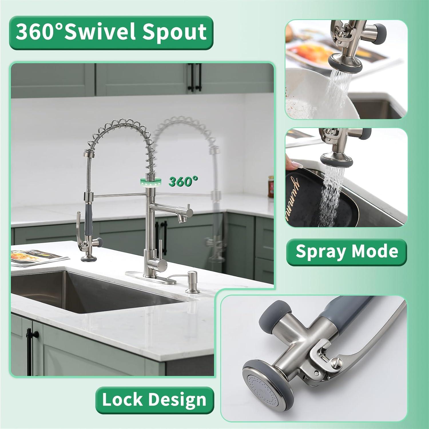 Brushed Nickel Pull-Down Kitchen Faucet with Spray and Soap Dispenser