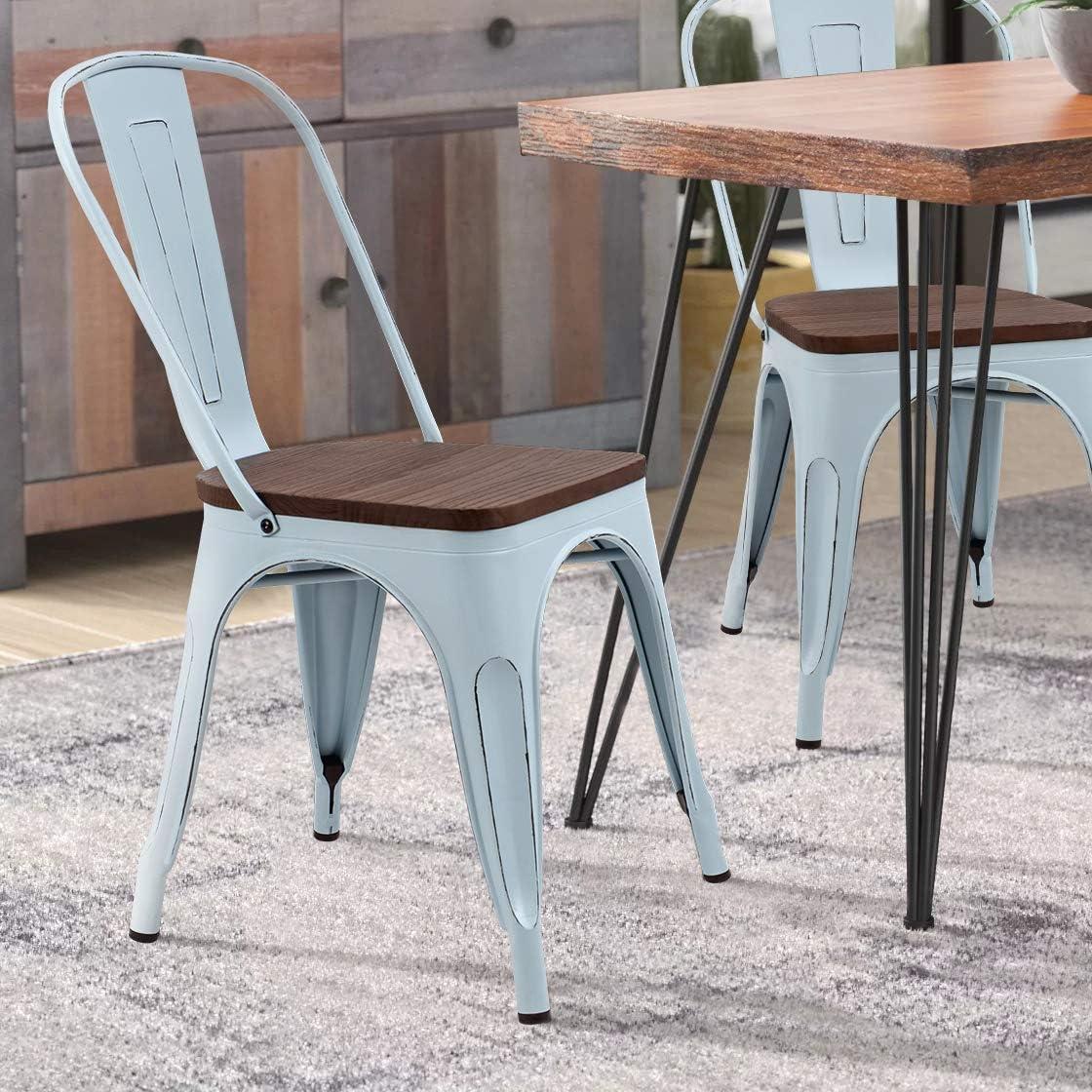 Furmax Metal Dining Chair Indoor Outdoor Use Stackable Chic Side Classic Trattoria Metal Chairs Set of 4 for Kitchen, Dining Room, Bistro and Cafe (Distressed White)