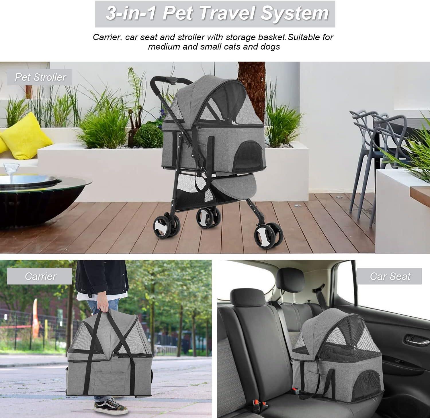 Gray 3-in-1 Multifunction Pet Stroller with Detachable Carrier