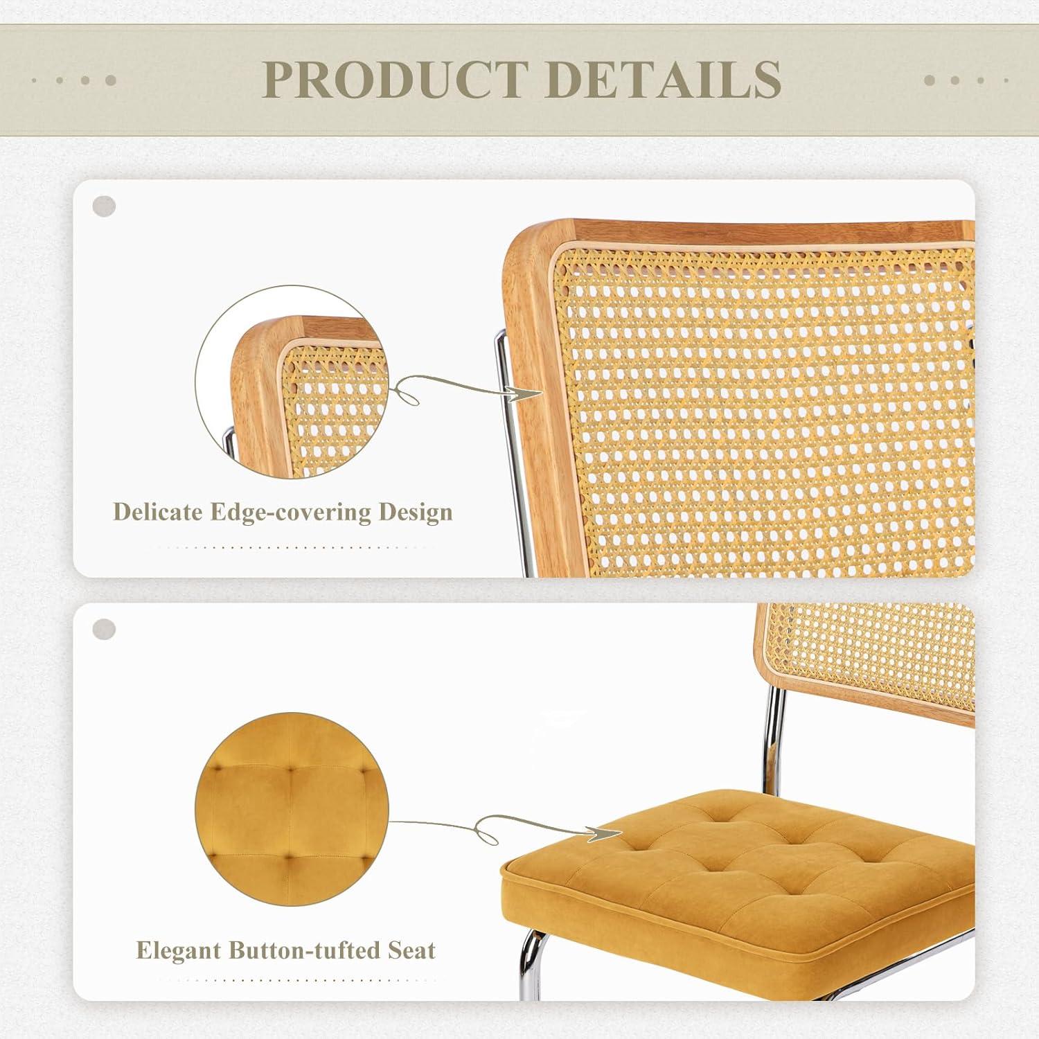 COLAMY Velvet Rattan Dining Chairs Set of 2, Mid Century Modern Dining Room Kitchen Side Chairs with Metal Chrome Legs and Upholstered Seat for Home, Living Room, Bedroom - Yellow