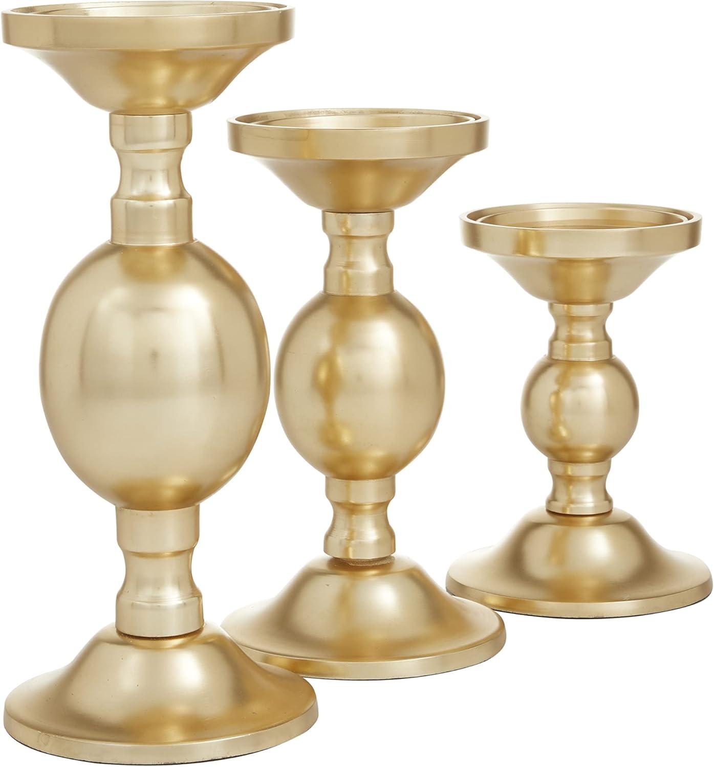 Deco 79 Aluminum Metal Decorative Candle Holder Pillar Candle Stand, Set of 3 Candlestick Holder 10", 8", 6"H, Gold