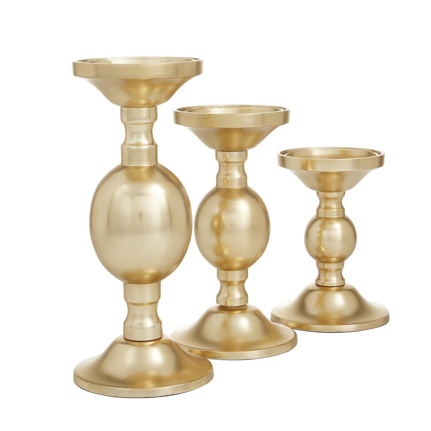 Deco 79 Aluminum Metal Decorative Candle Holder Pillar Candle Stand, Set of 3 Candlestick Holder 10", 8", 6"H, Gold