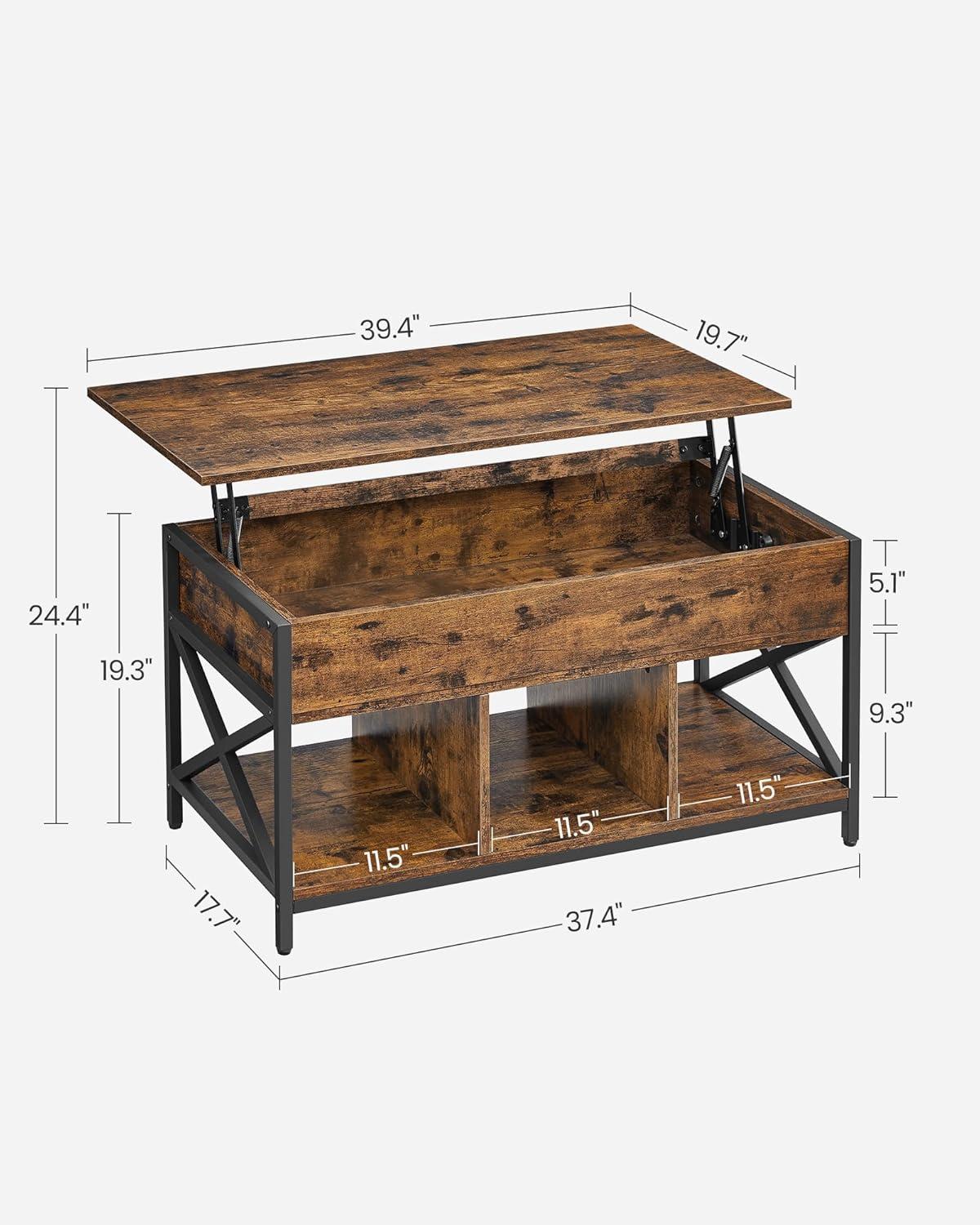 Lift Top Coffee Table with Storage Shelf and Hidden Compartments, 19.7 x 39.4 x (19.3-24.4) Inches, Rustic Brown and Black