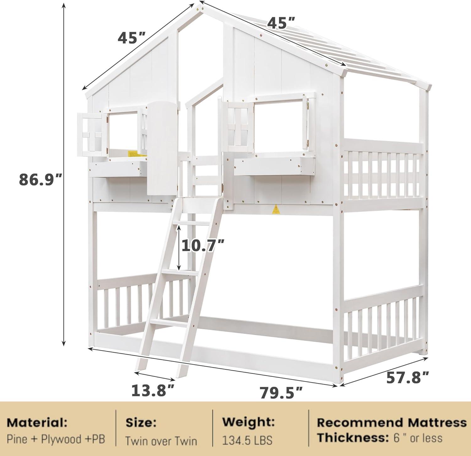 Harper & Bright Designs House Bunk Bed Twin Over Twin Kids Bunk Bed Wood Frame with Roof, Window, Window Box, Door, Safety Guardrails and Ladder, for Girls Boys (Twin Size, White)