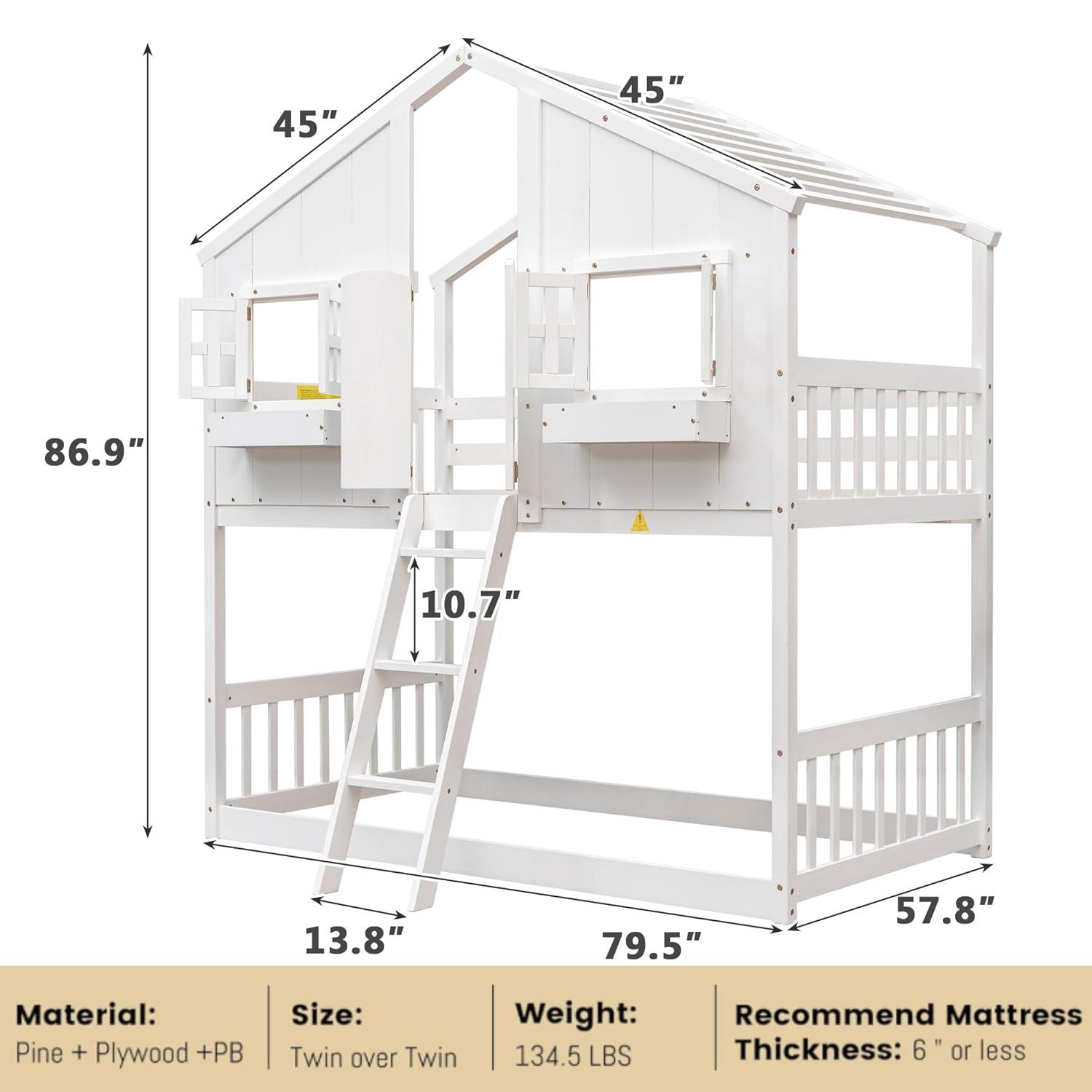 Harper & Bright Designs House Bunk Bed Twin Over Twin Kids Bunk Bed Wood Frame with Roof, Window, Window Box, Door, Safety Guardrails and Ladder, for Girls Boys (Twin Size, White)
