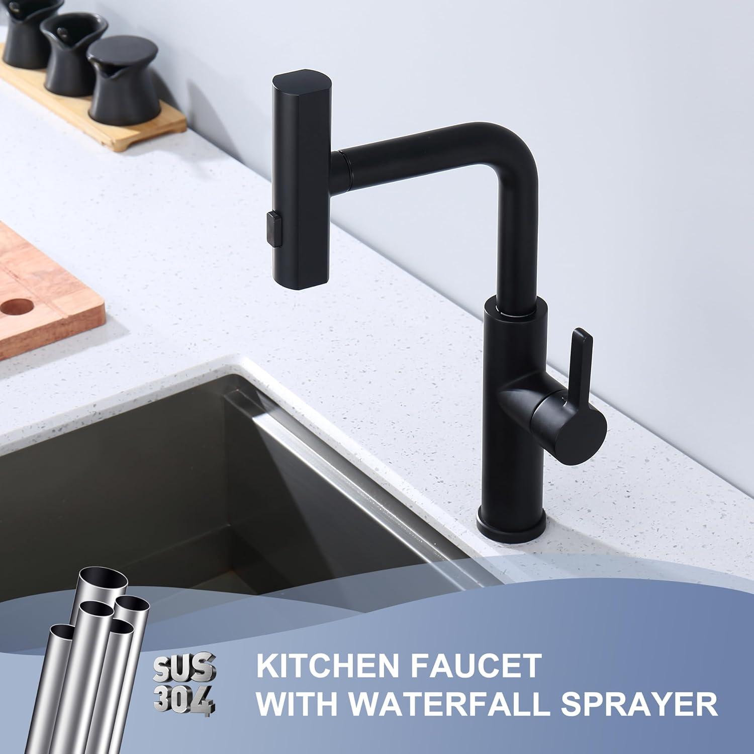 Waterfall Kitchen Faucet,Matte Black Kitchen Faucet with Pull Down Sprayer,Faucets for Kitchen Sink,Single Handle Kitchen Faucet Stainless Steel,Pull Out Sprayer Kitchen Faucets